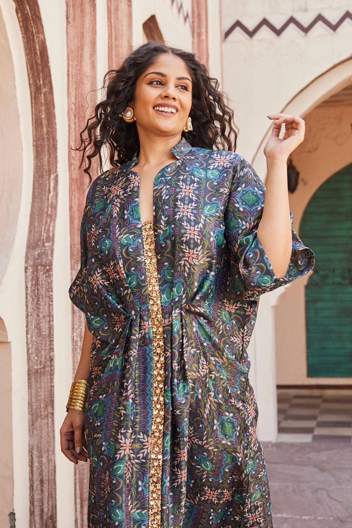 Elegant Printed Kaftan Dress with Sequence Work