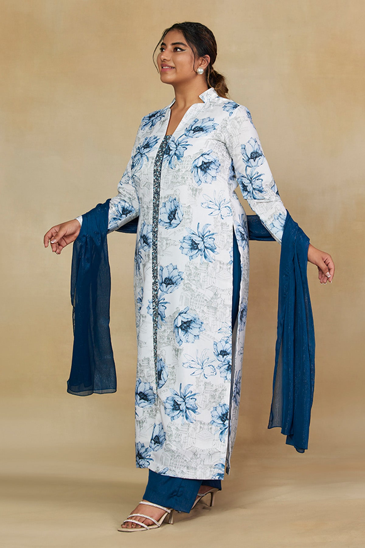 Blue Printed Full Sleeves Kurta with Pants