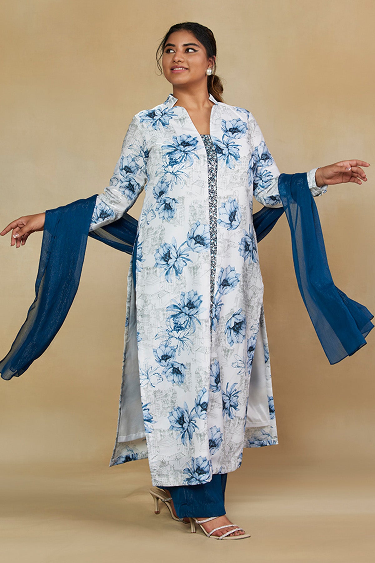 Blue Printed Full Sleeves Kurta with Pants