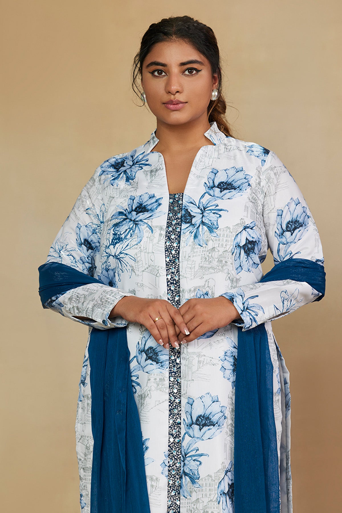 Blue Printed Full Sleeves Kurta with Pants