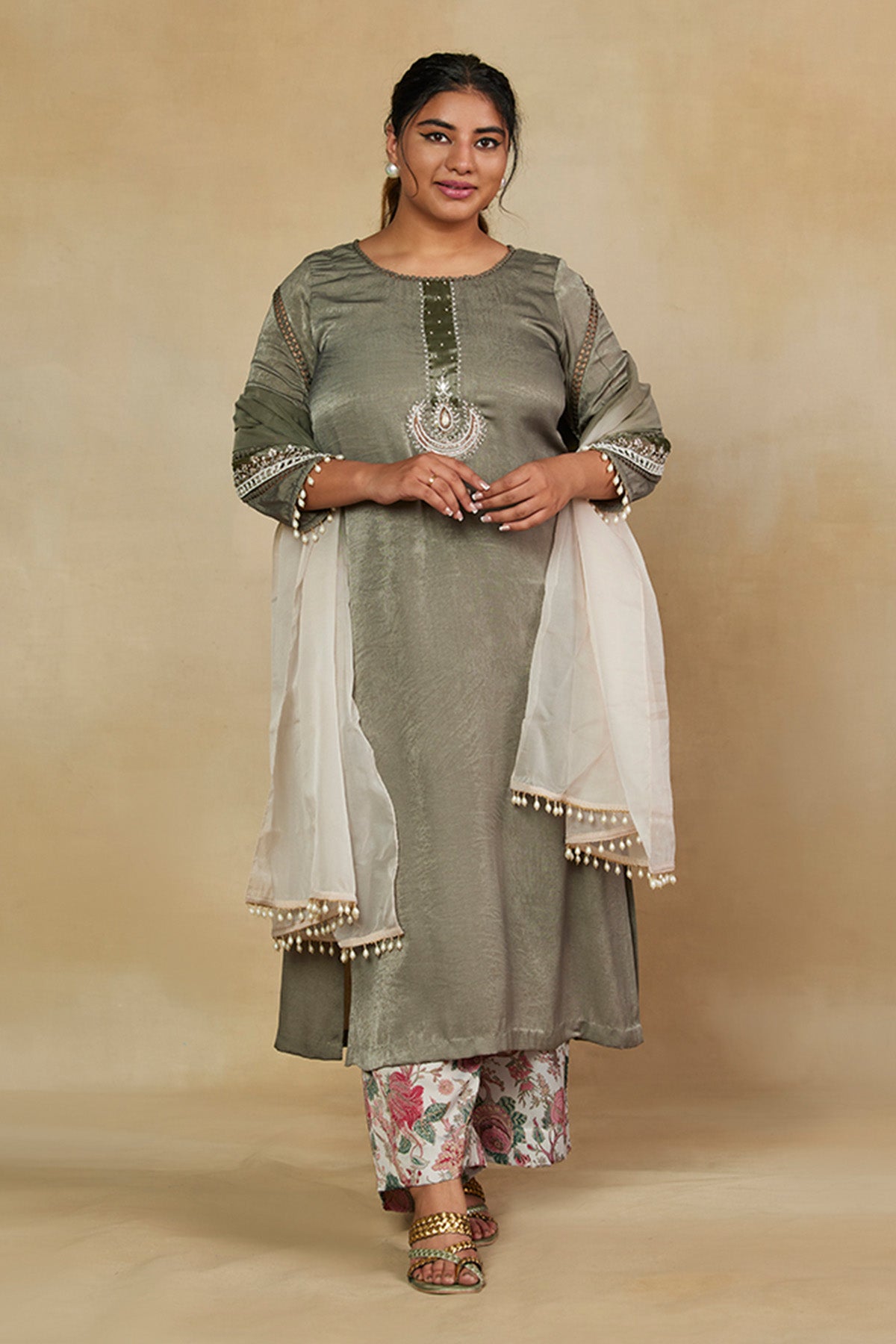 Embellished Long Kurta with Printed Pants