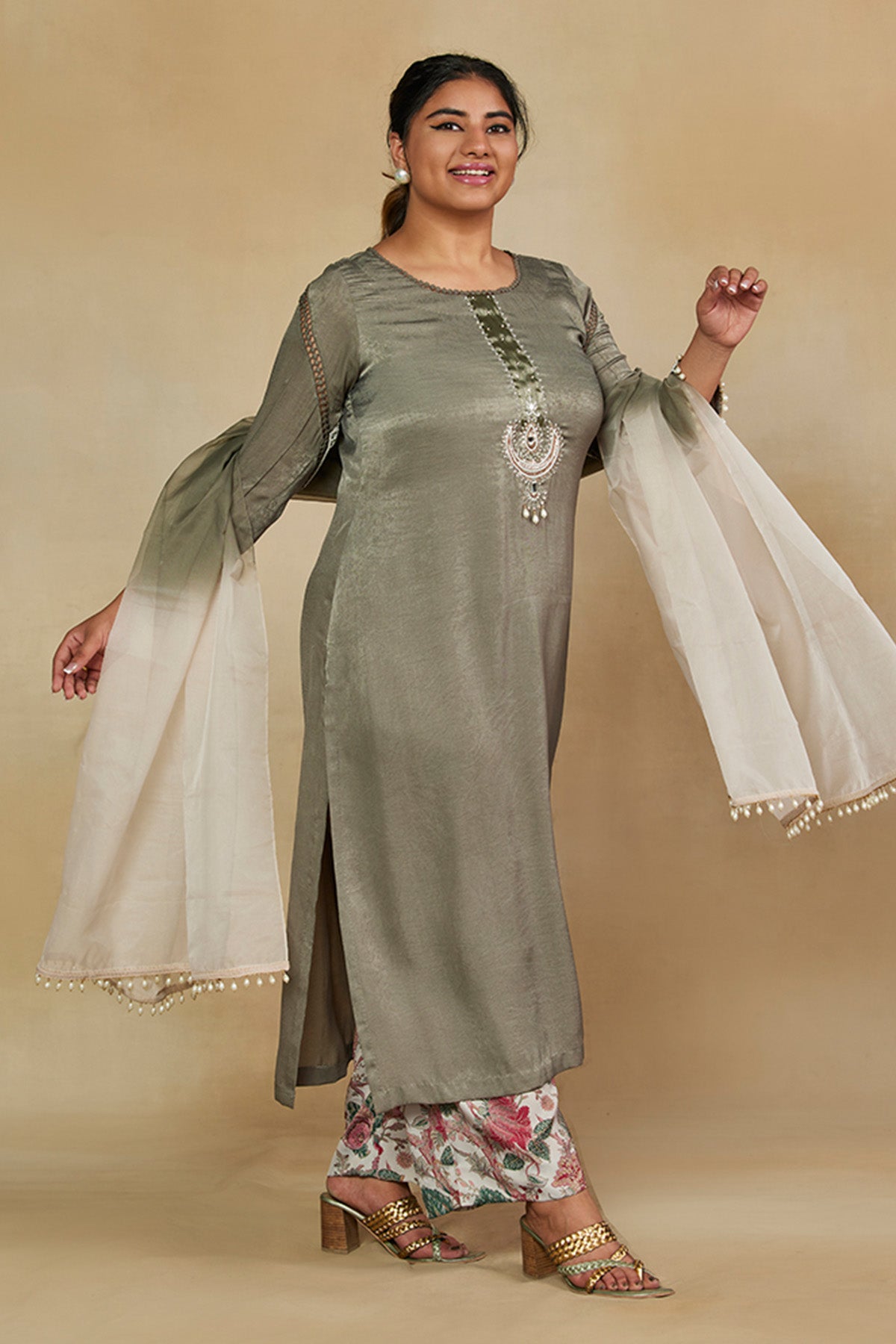 Embellished Long Kurta with Printed Pants