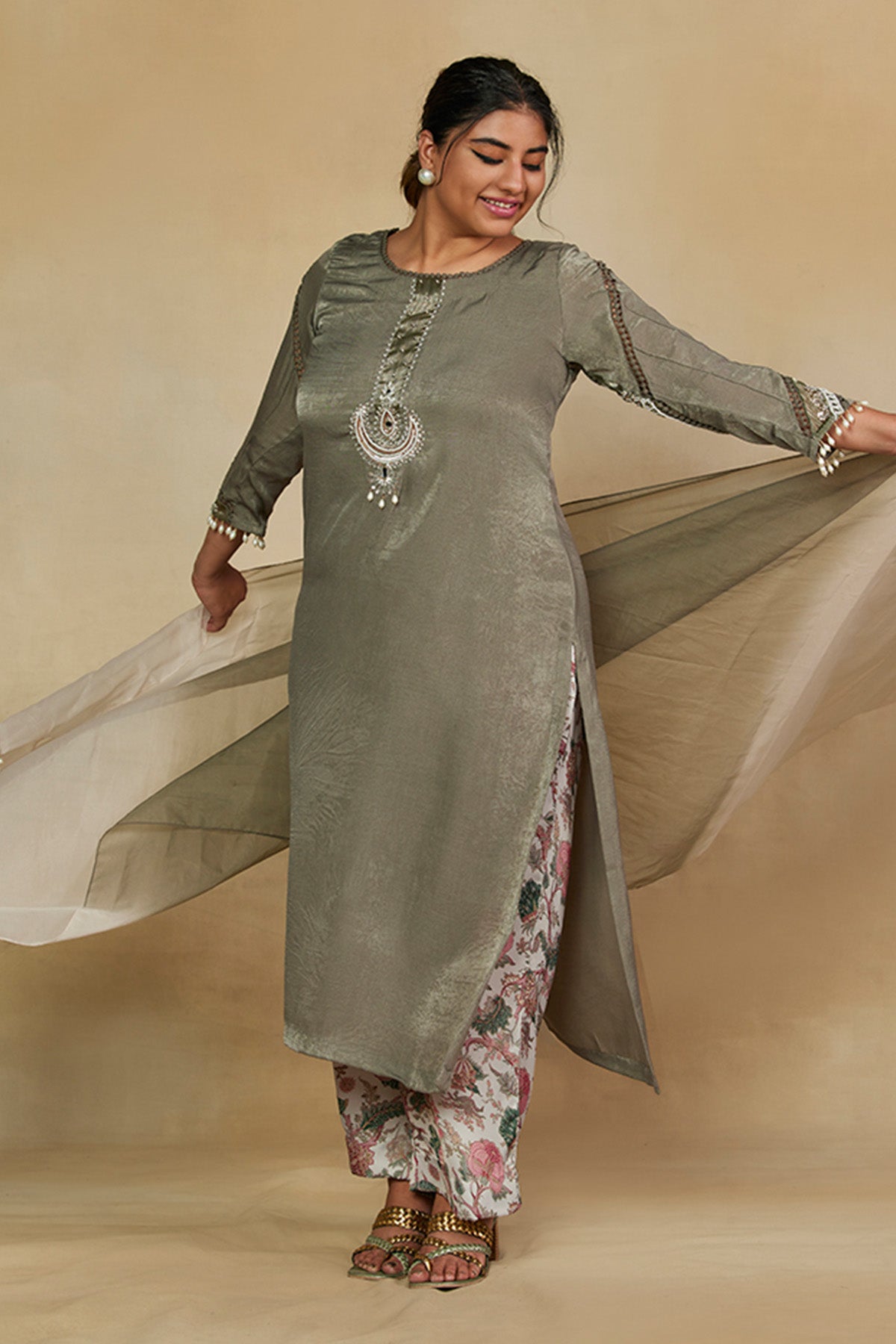 Embellished Long Kurta with Printed Pants