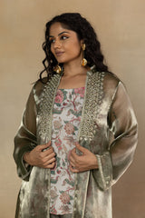 Printed Short Kurta Set with Mirror Work Shrug