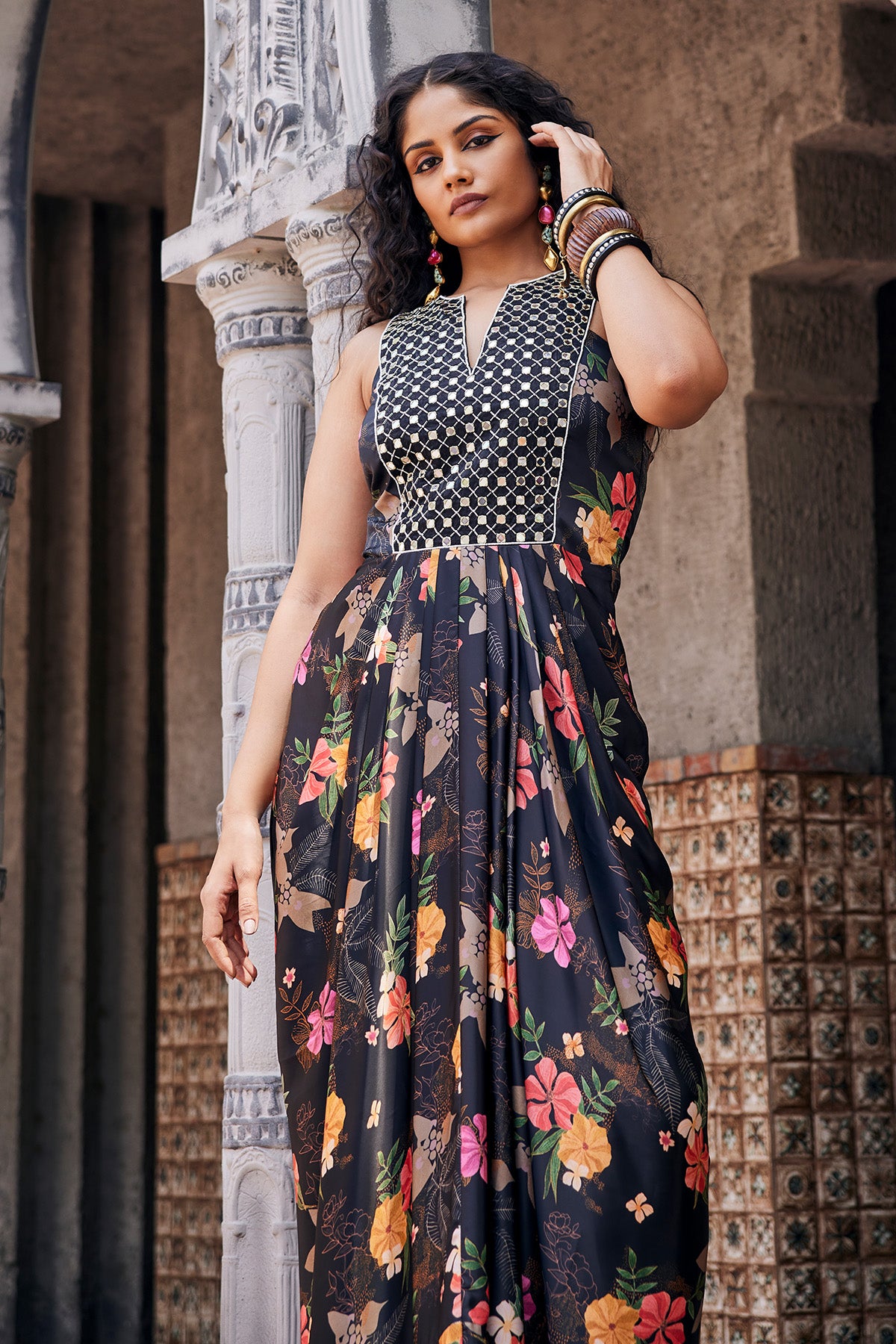 Indo Western Style Long Dress with Mirror Work