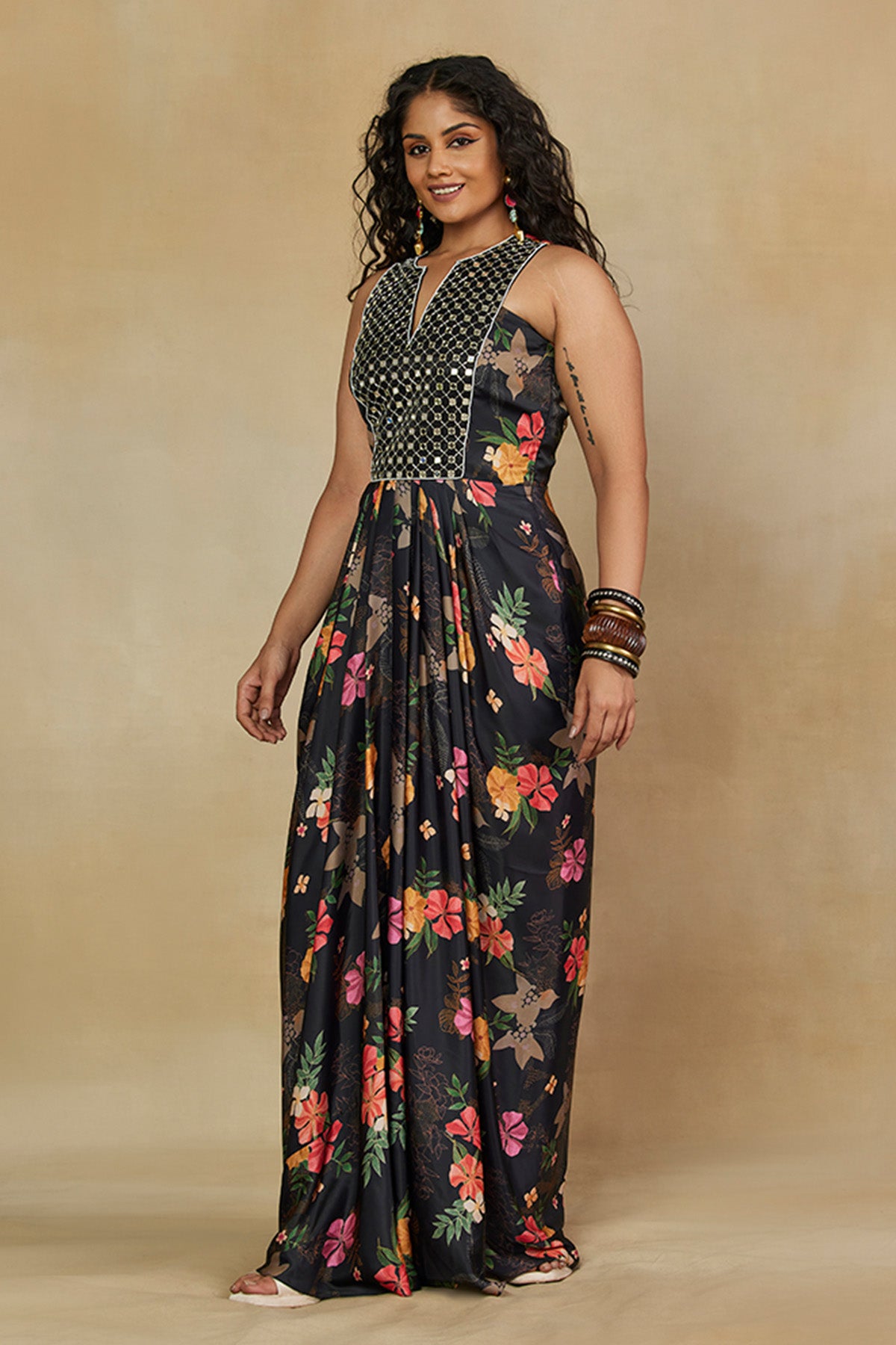 Indo Western Style Long Dress with Mirror Work