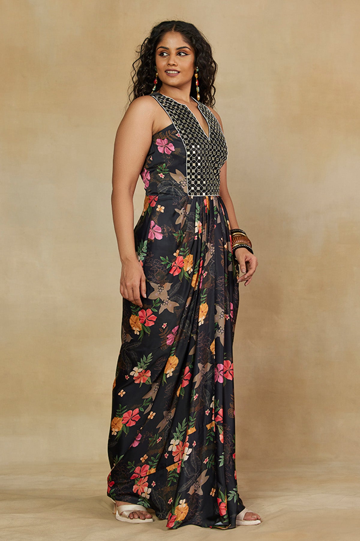 Indo Western Style Long Dress with Mirror Work