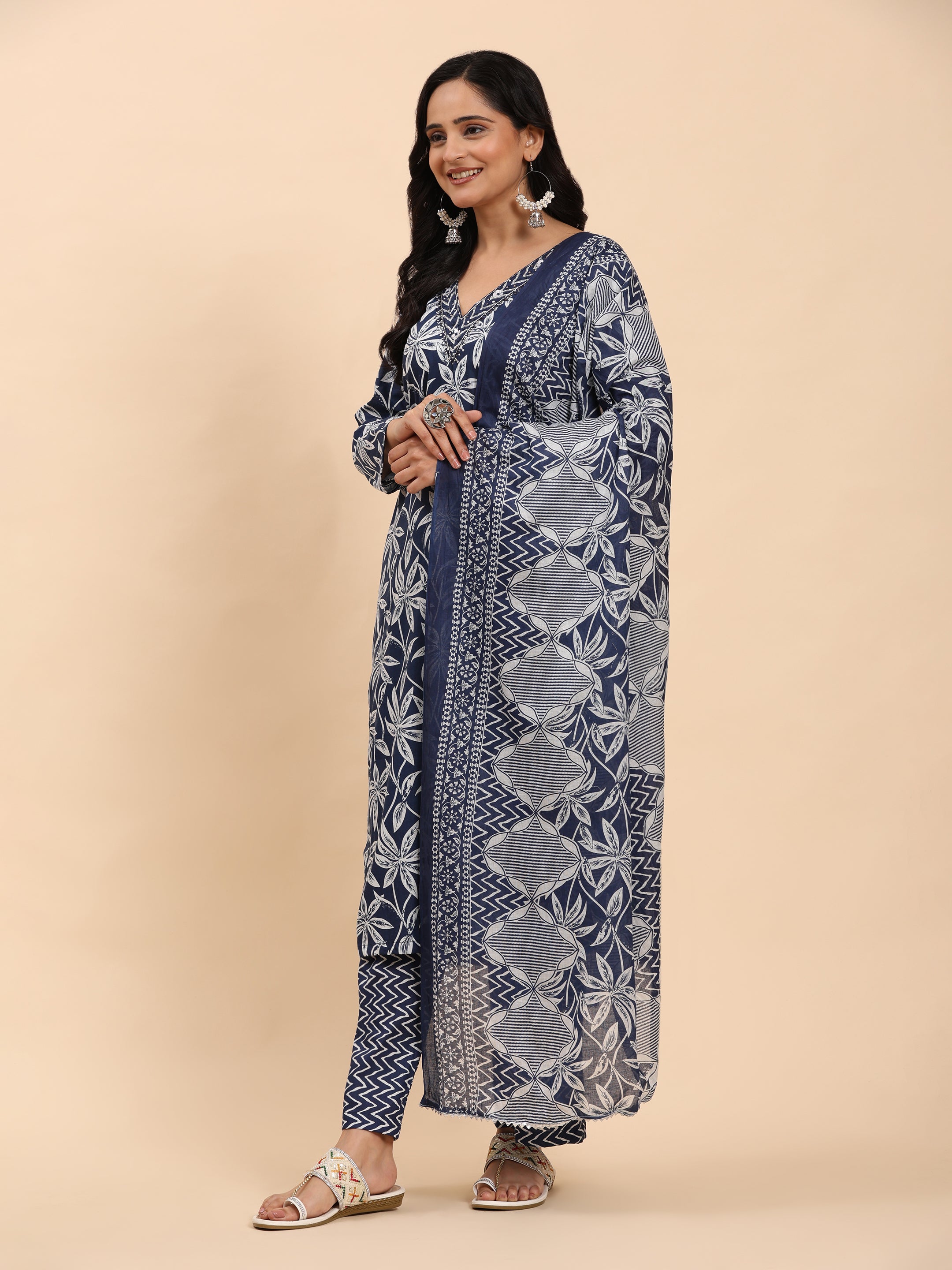 Navy Elegance Unstitched: Classic Kurta Set