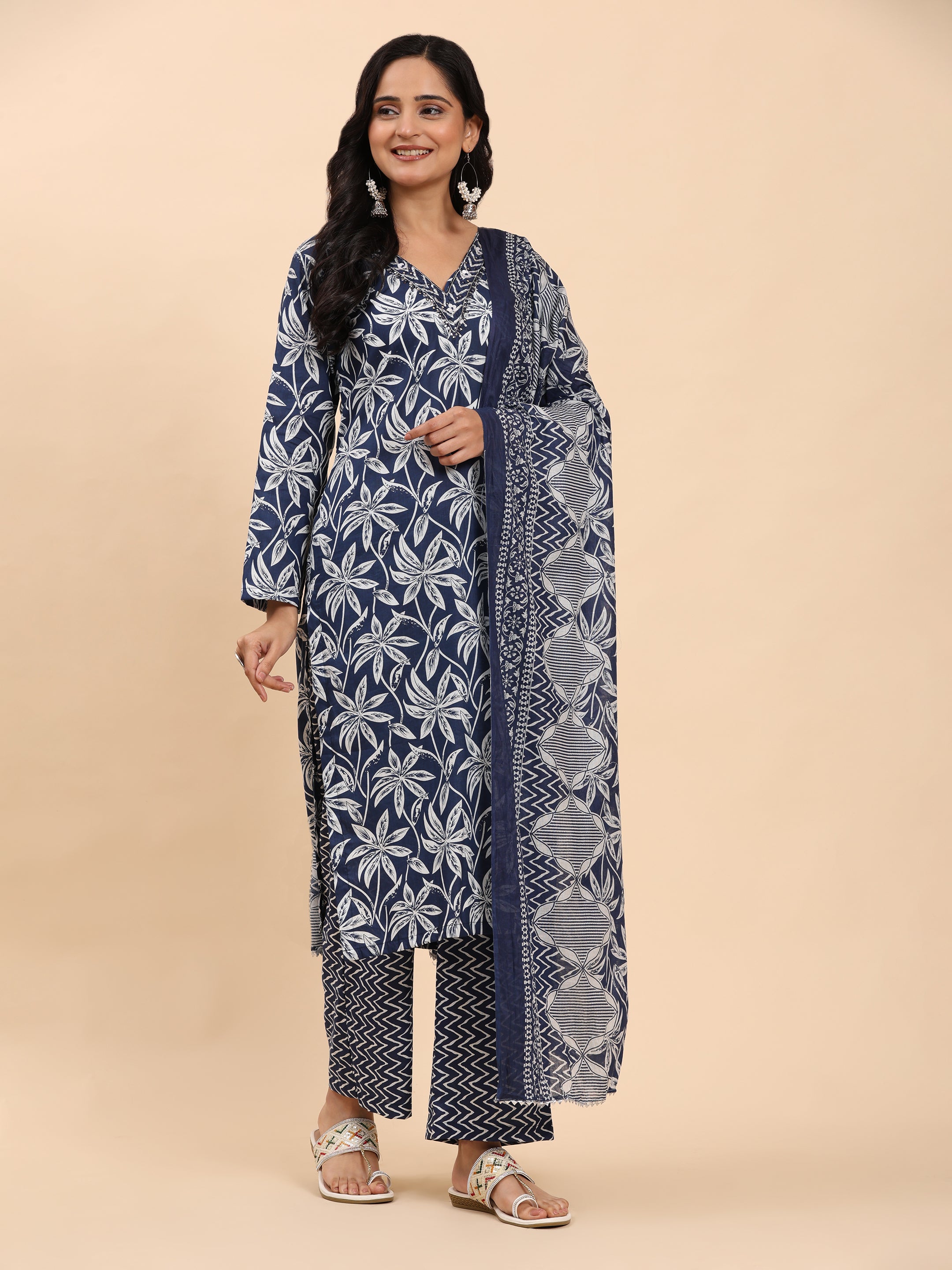 Navy Elegance Unstitched: Classic Kurta Set