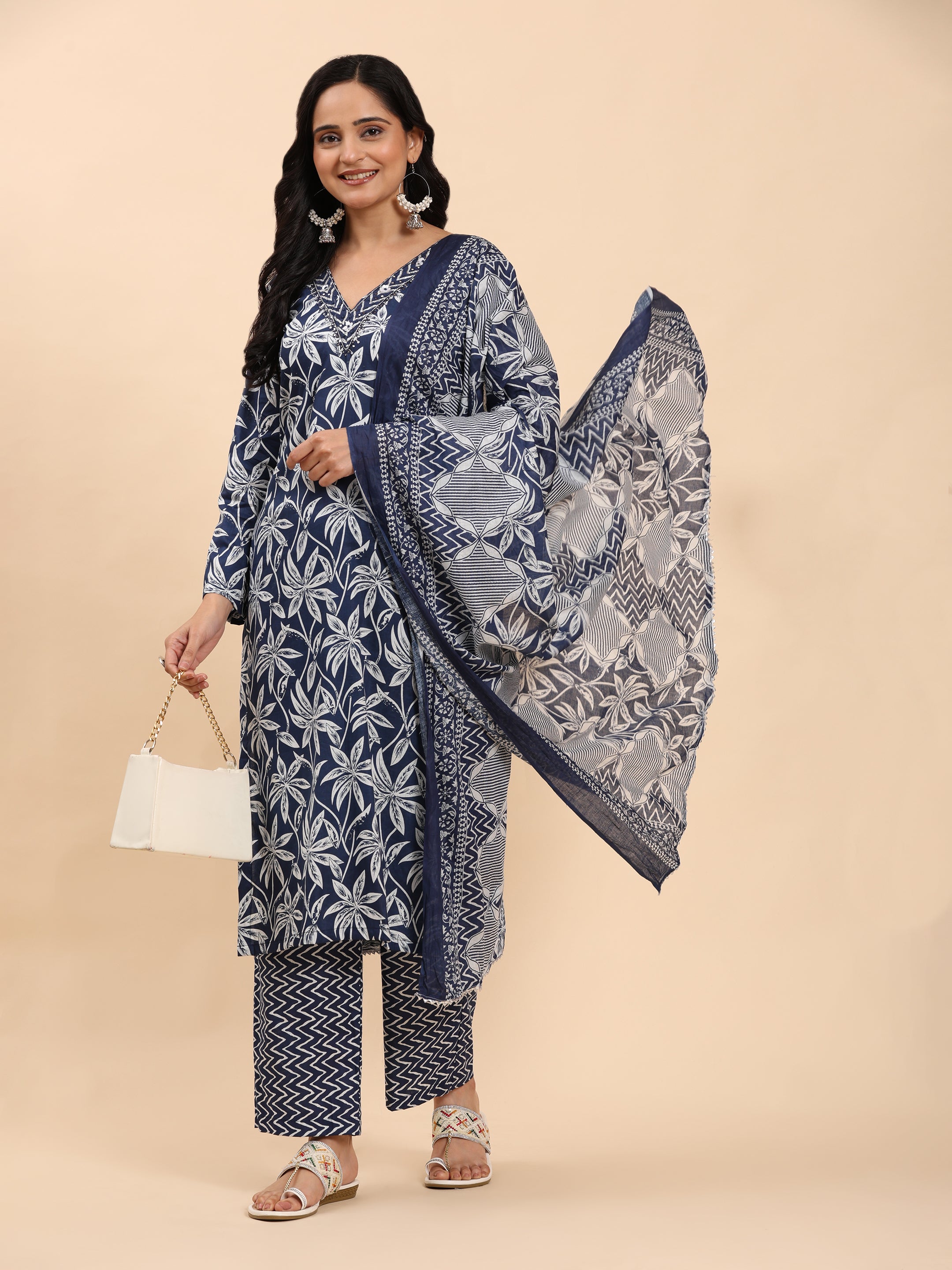 Navy Elegance Unstitched: Classic Kurta Set