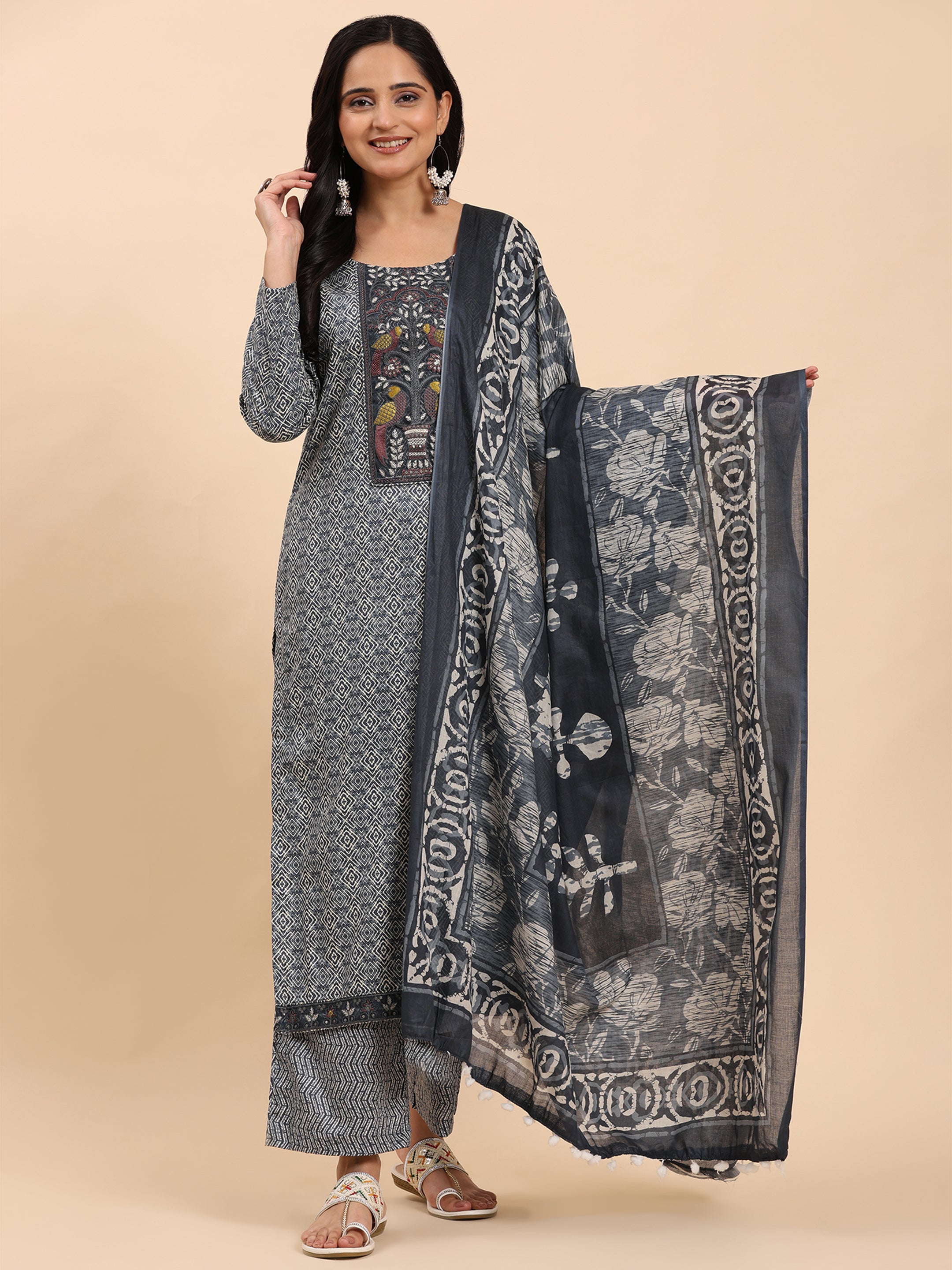 Navy Elegance Unstitched: Classic Kurta Set