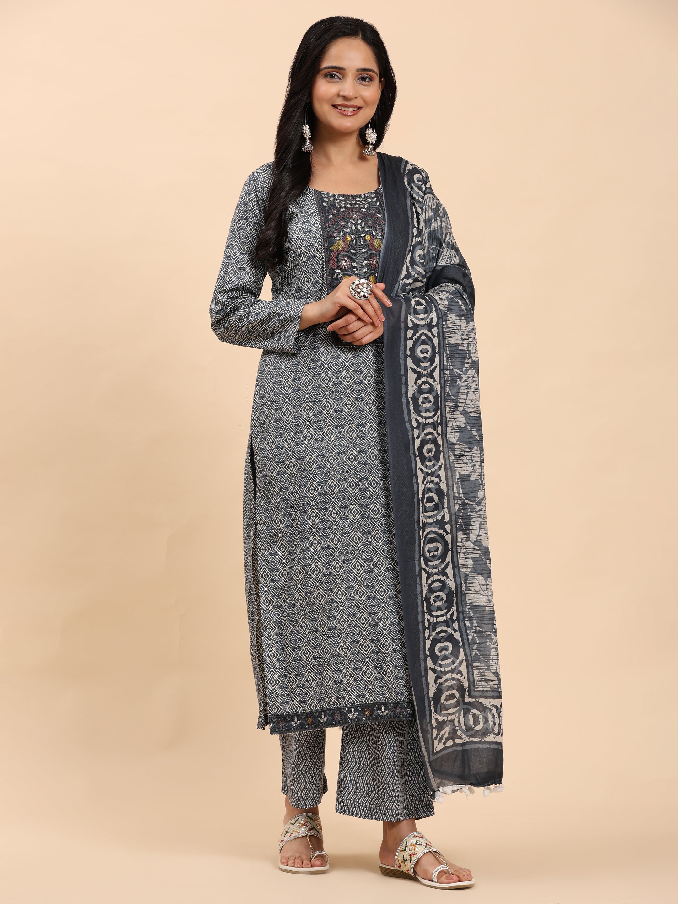 Navy Elegance Unstitched: Classic Kurta Set