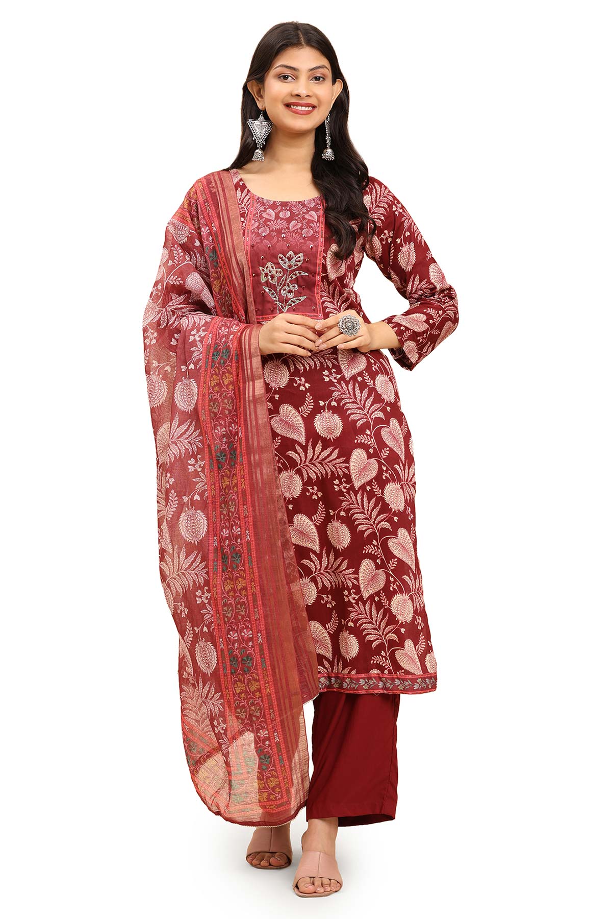 Maroon Women's Unstitched Kurta Set