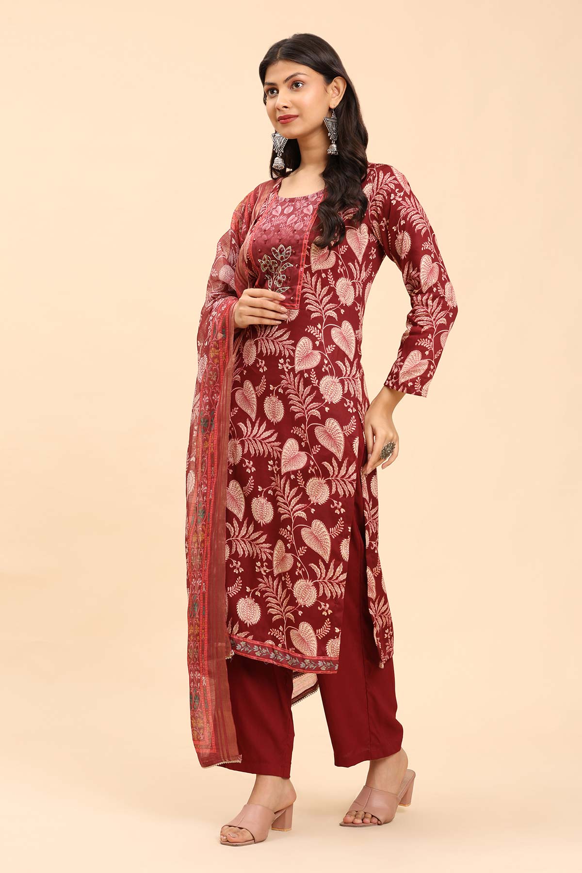 Maroon Women's Unstitched Kurta Set