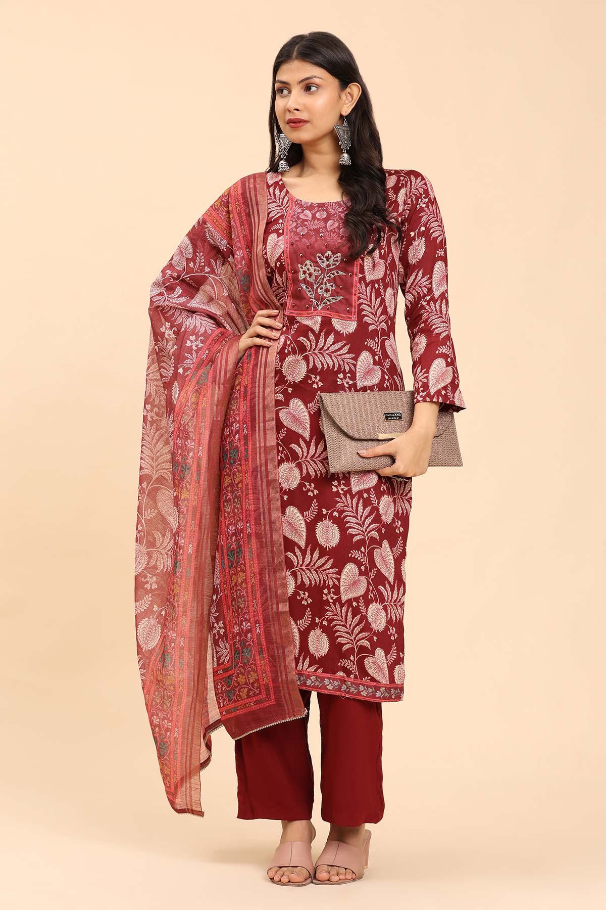 Maroon Women's Unstitched Kurta Set