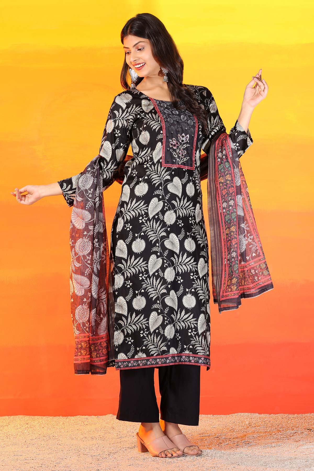 Black Women's Unstitched Kurta Set