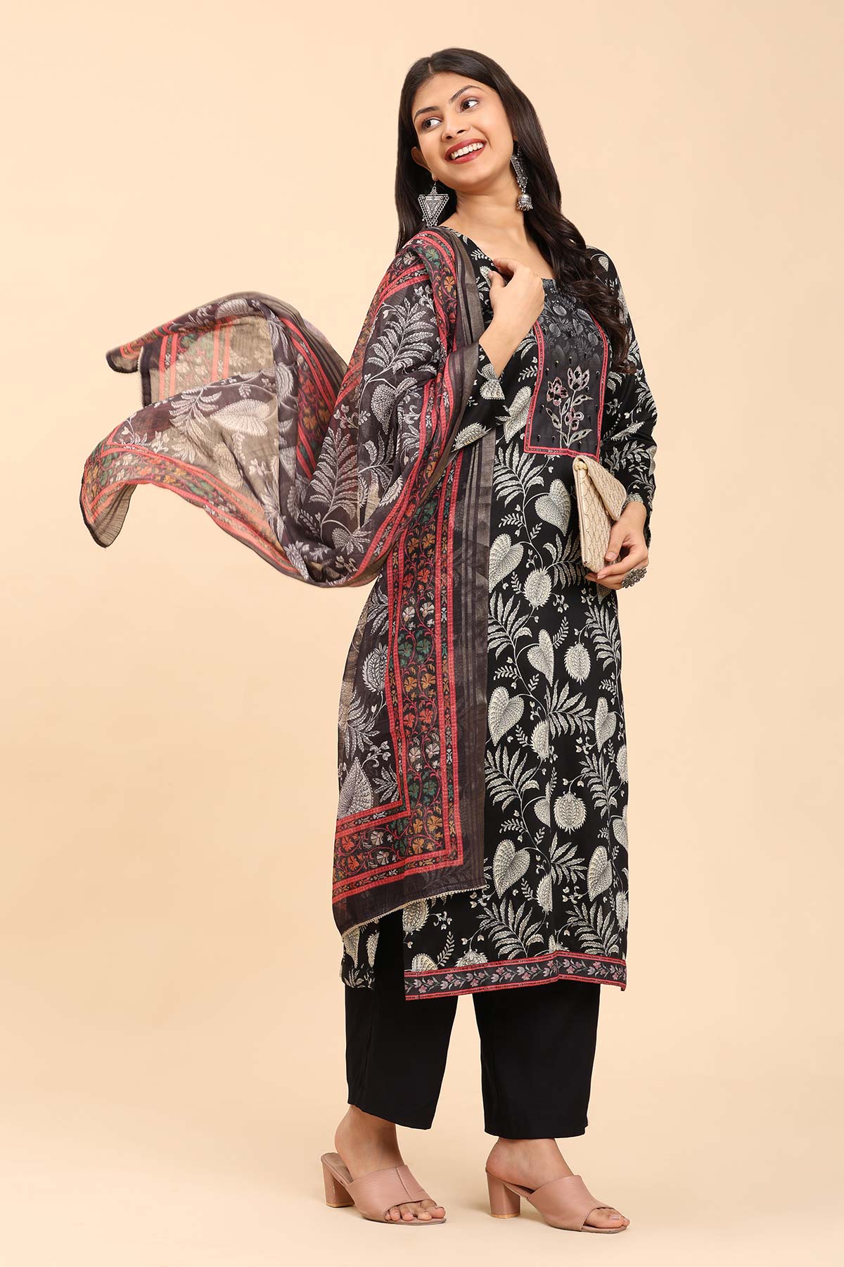 Black Women's Unstitched Kurta Set