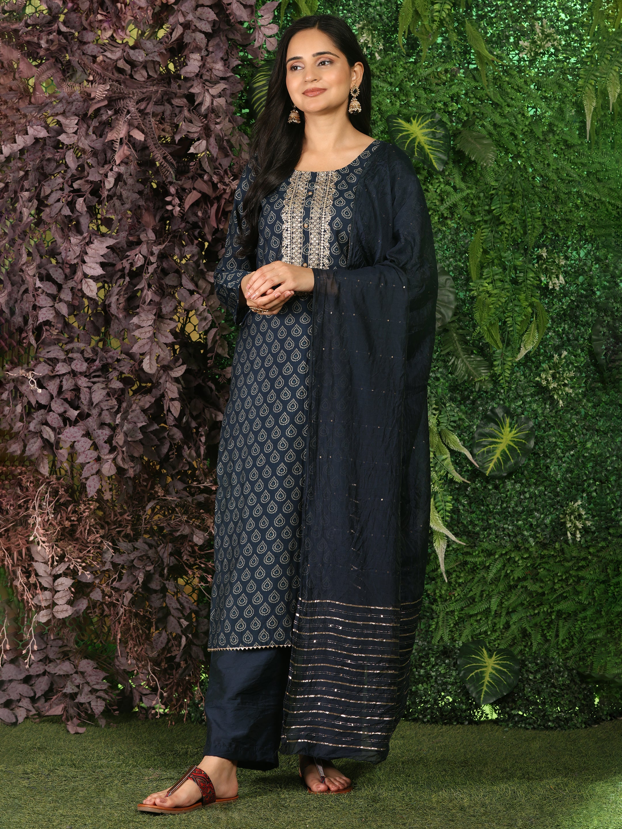 Navy Elegance Unstitched: Classic Kurta Set