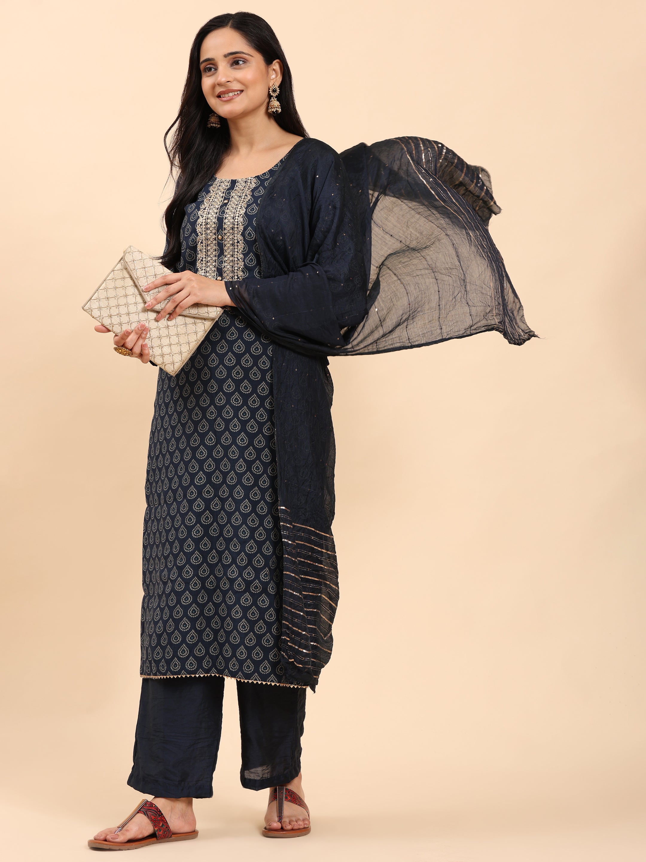 Navy Elegance Unstitched: Classic Kurta Set