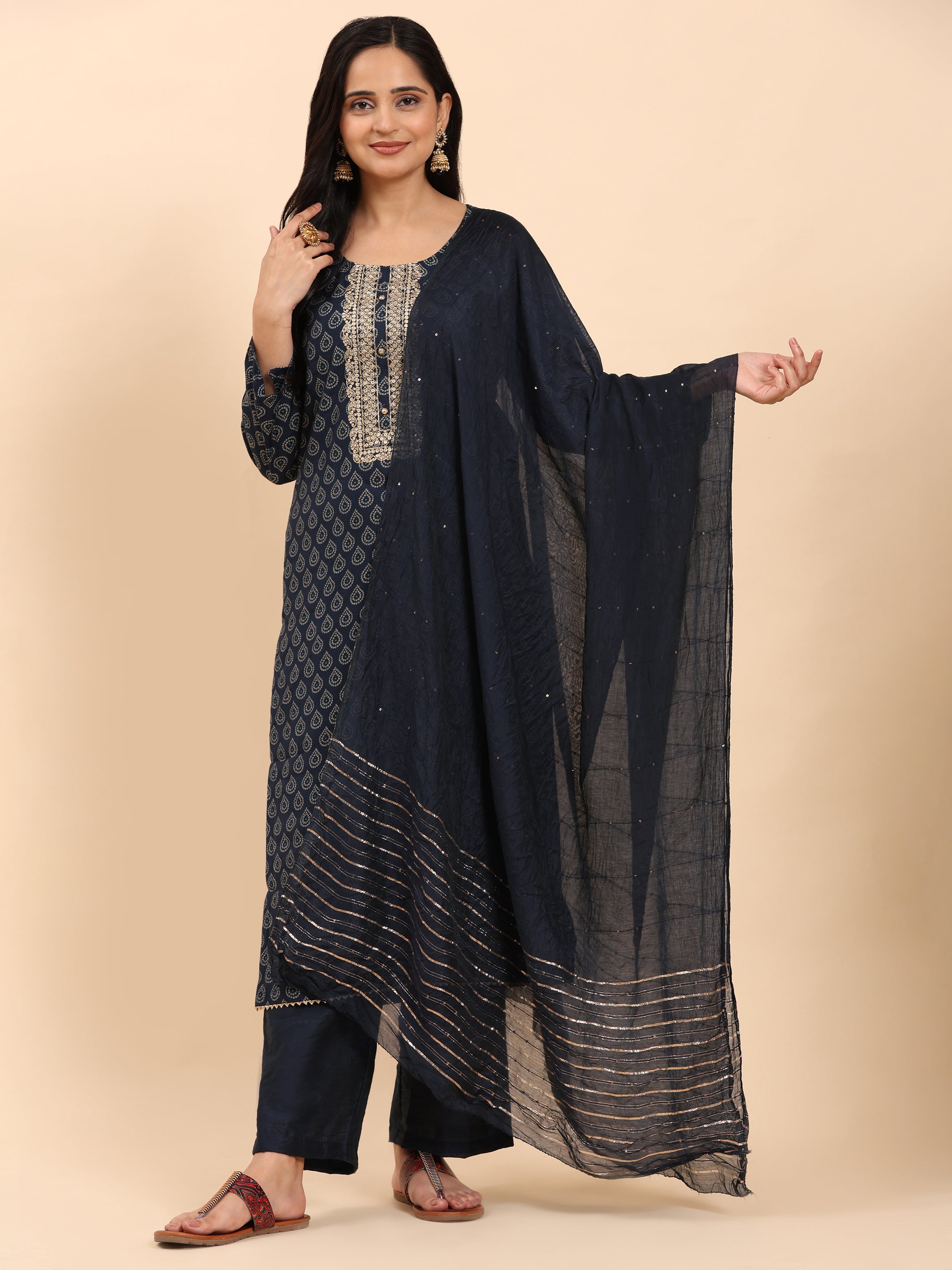 Navy Elegance Unstitched: Classic Kurta Set