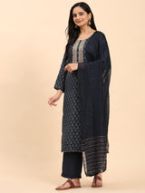 Navy Elegance Unstitched: Classic Kurta Set