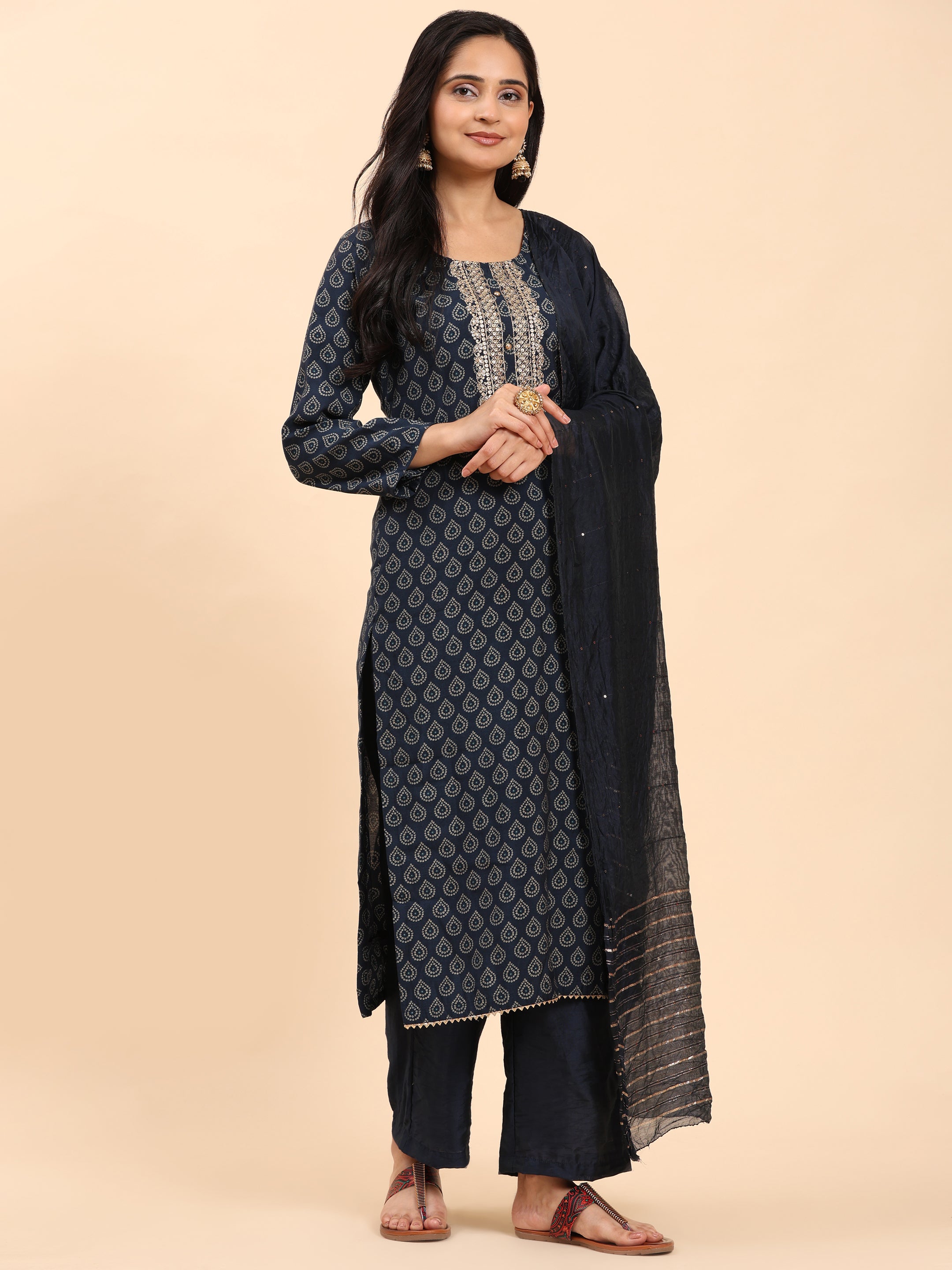 Navy Elegance Unstitched: Classic Kurta Set