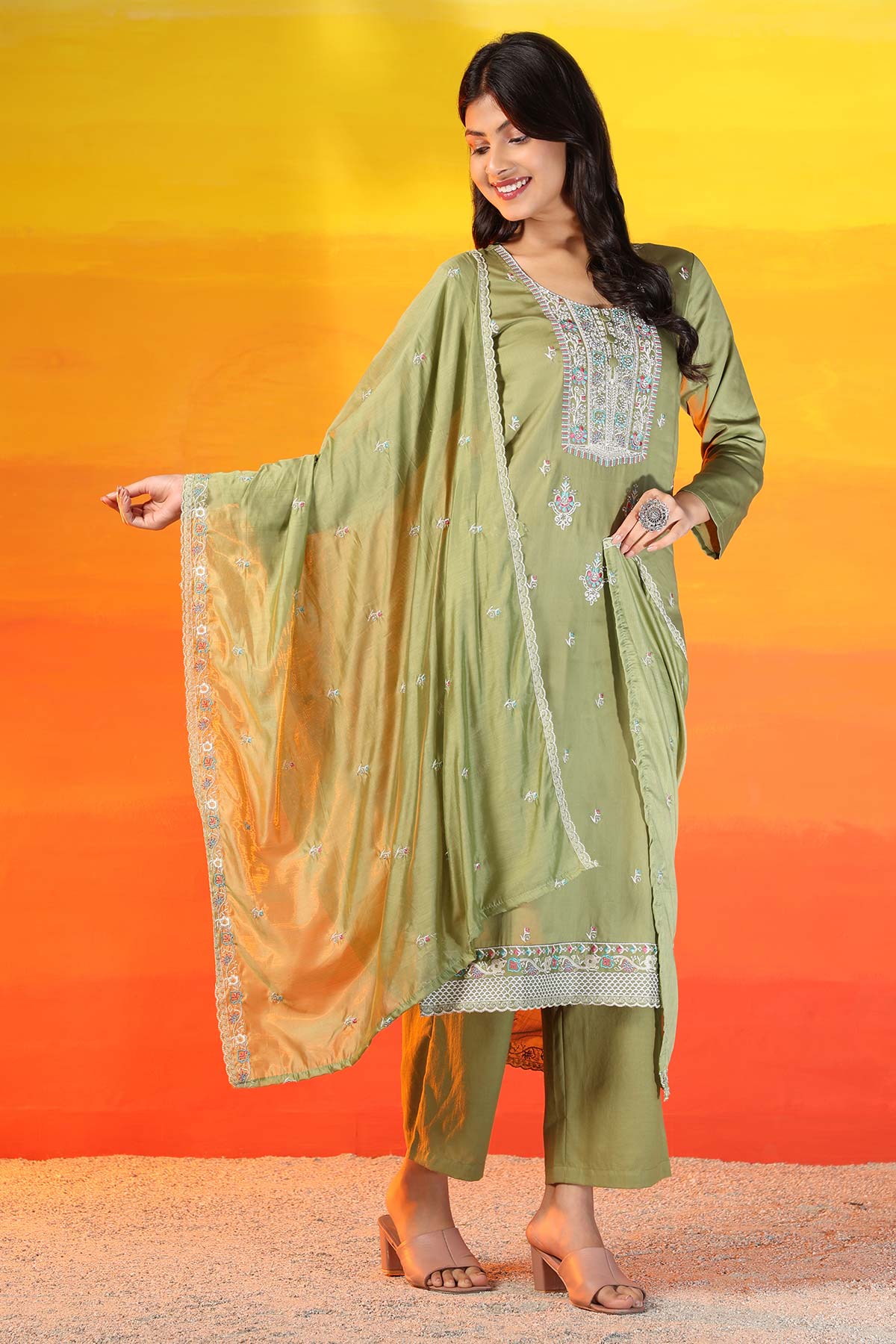 Pista Green Women's Unstitched Kurta Set