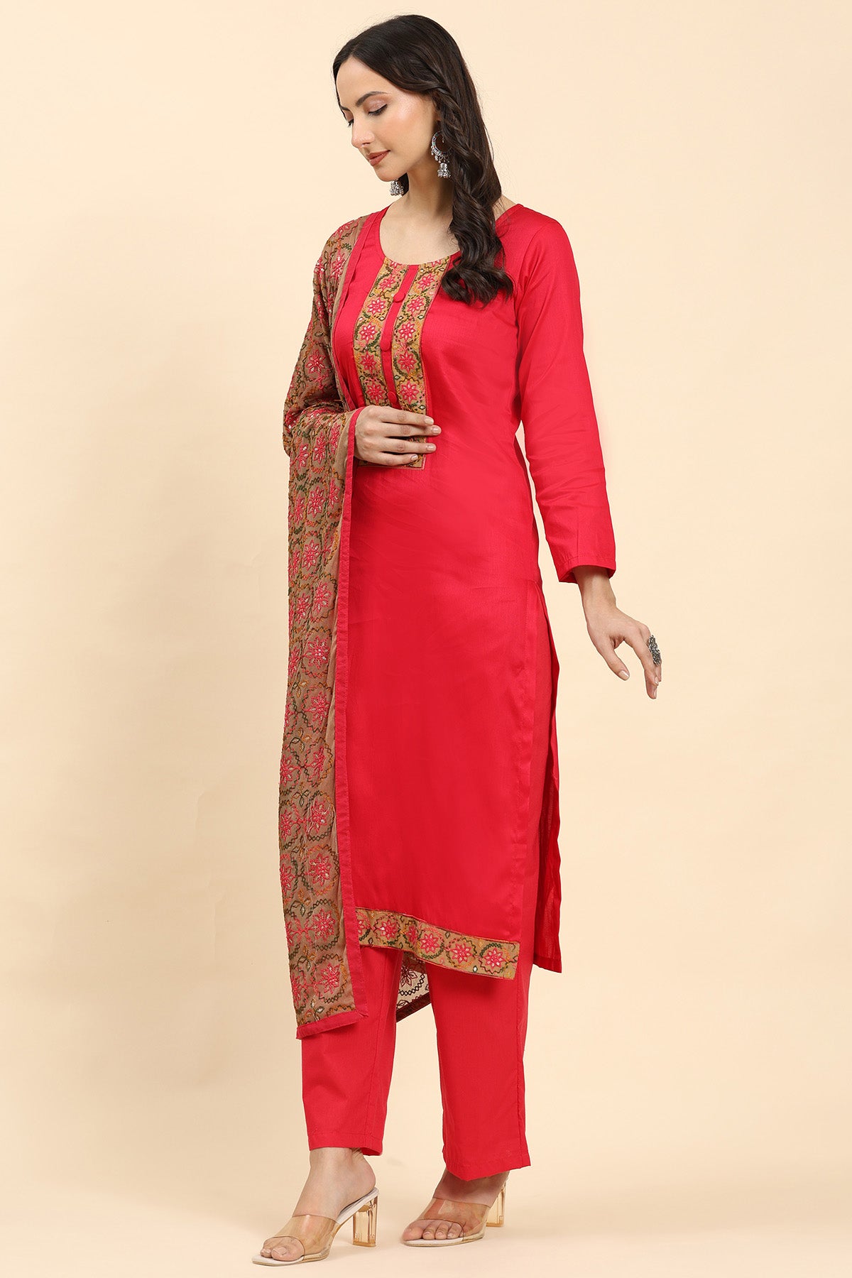 Red Women's Unstitched Kurta Set-1