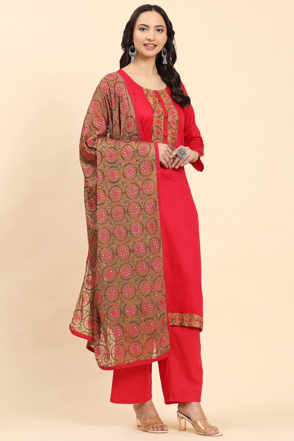 Red Women's Unstitched Kurta Set-1