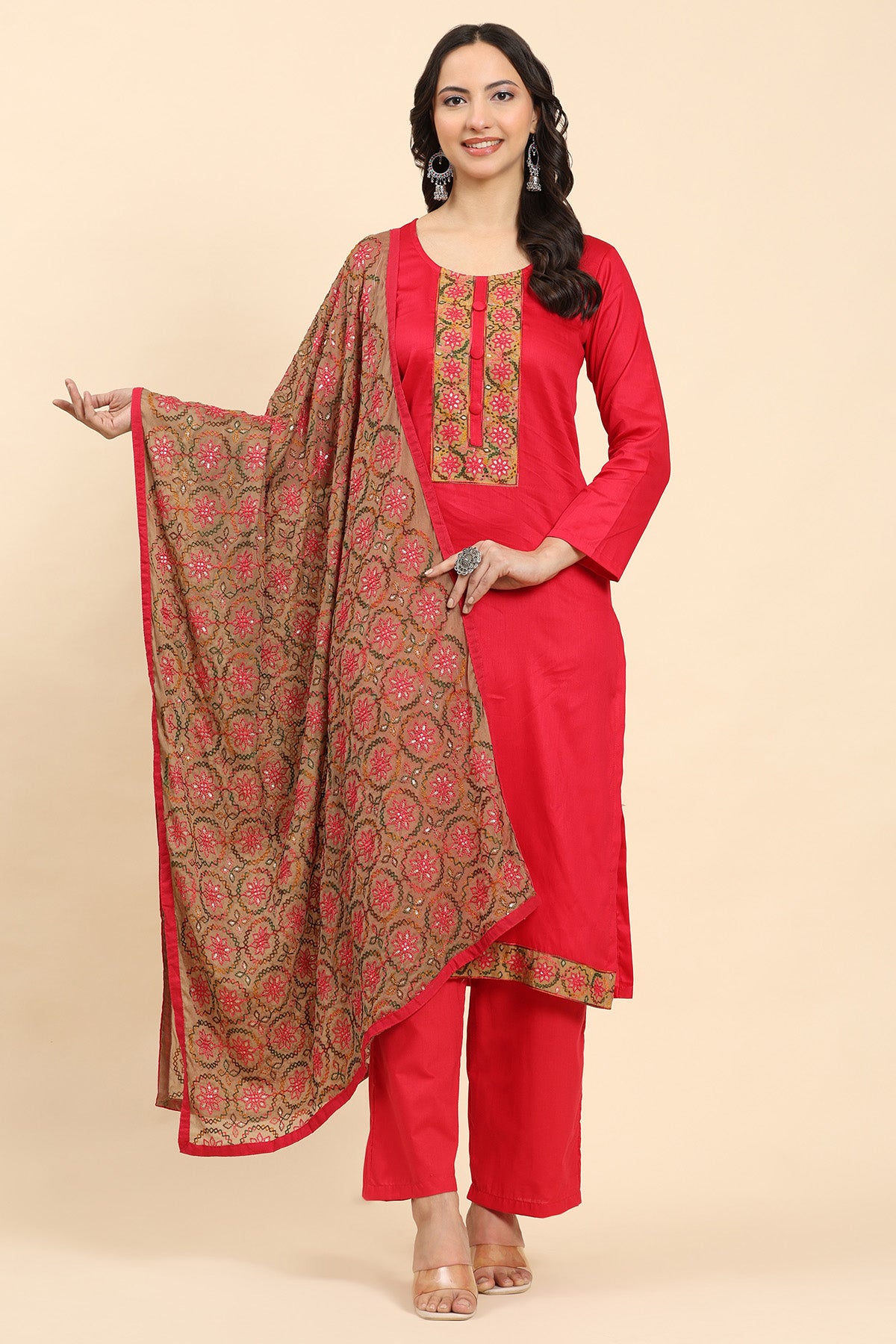 Red Women's Unstitched Kurta Set-1