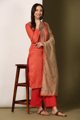 Red Women's Unstitched Kurta Set-3