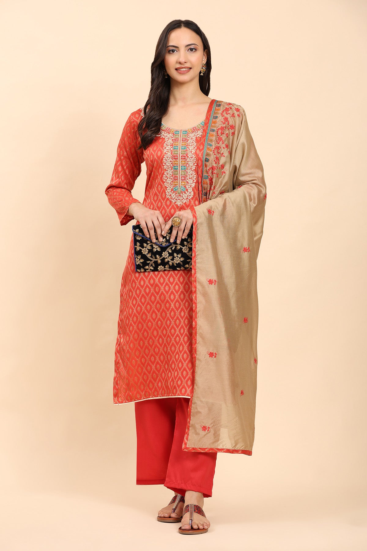 Red Women's Unstitched Kurta Set-3