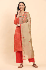 Red Women's Unstitched Kurta Set-3