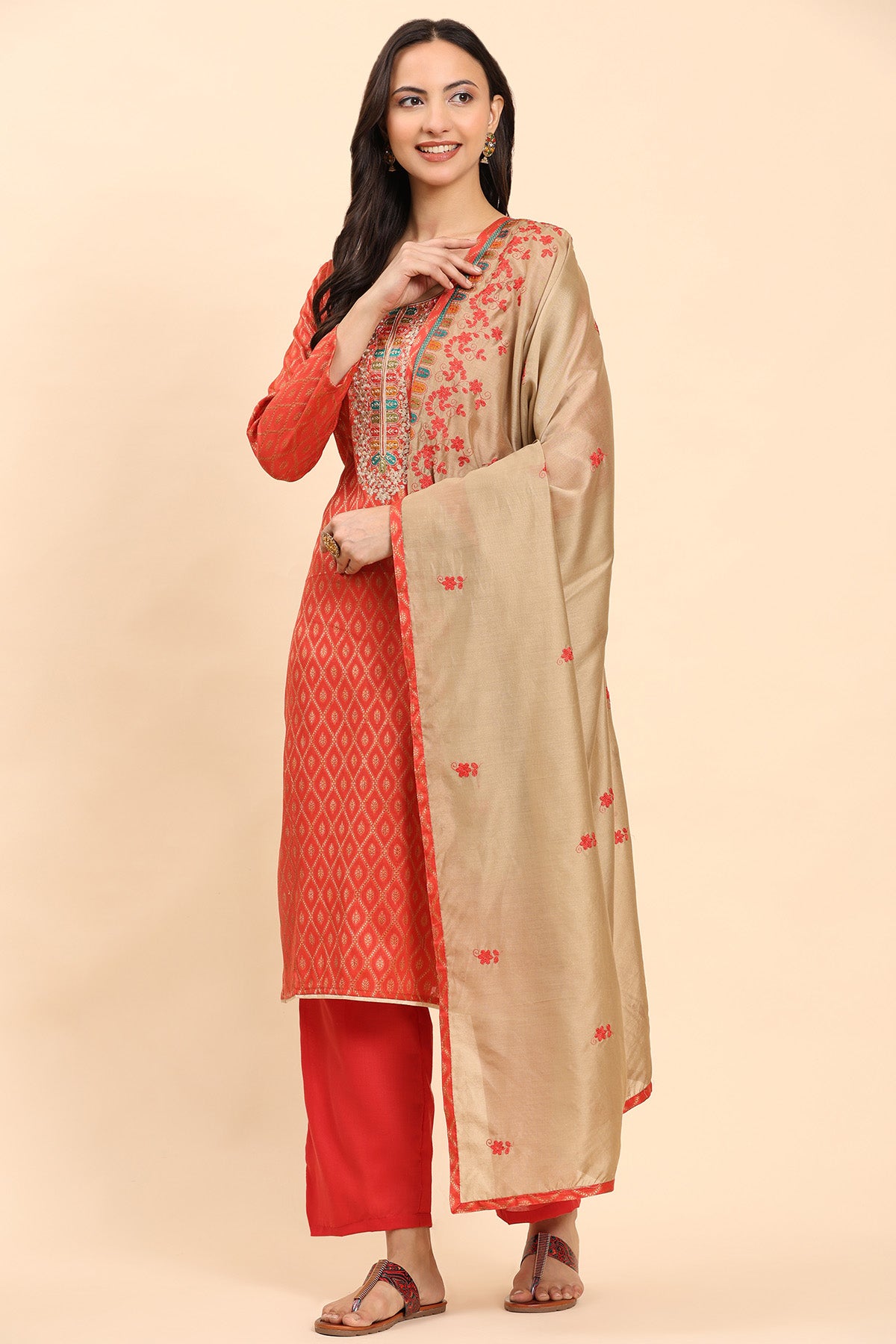 Red Women's Unstitched Kurta Set-3