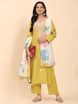 Green Elegance Unstitched: Classic Kurta Set