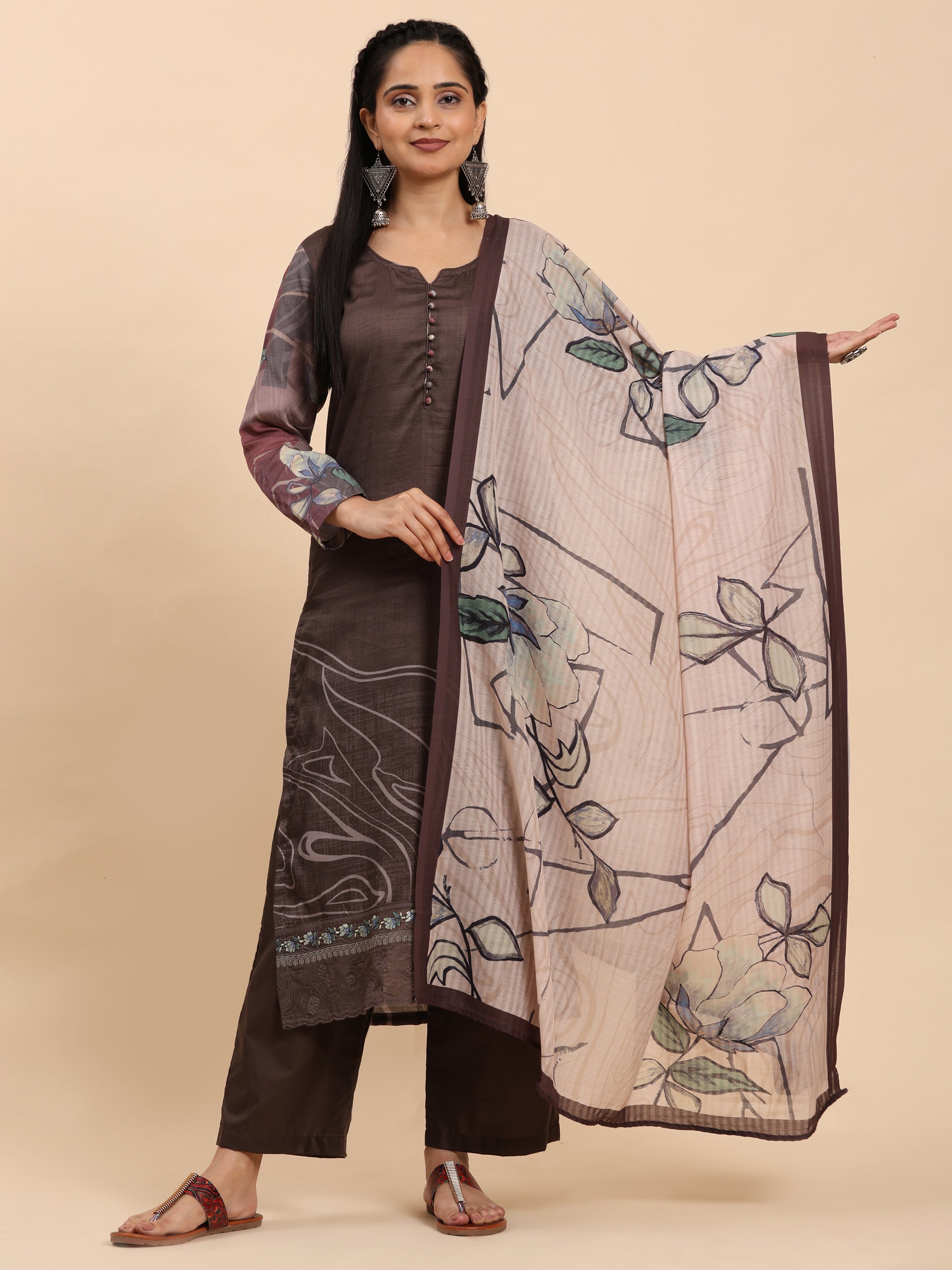 Brown Elegance Unstitched: Classic Kurta Set