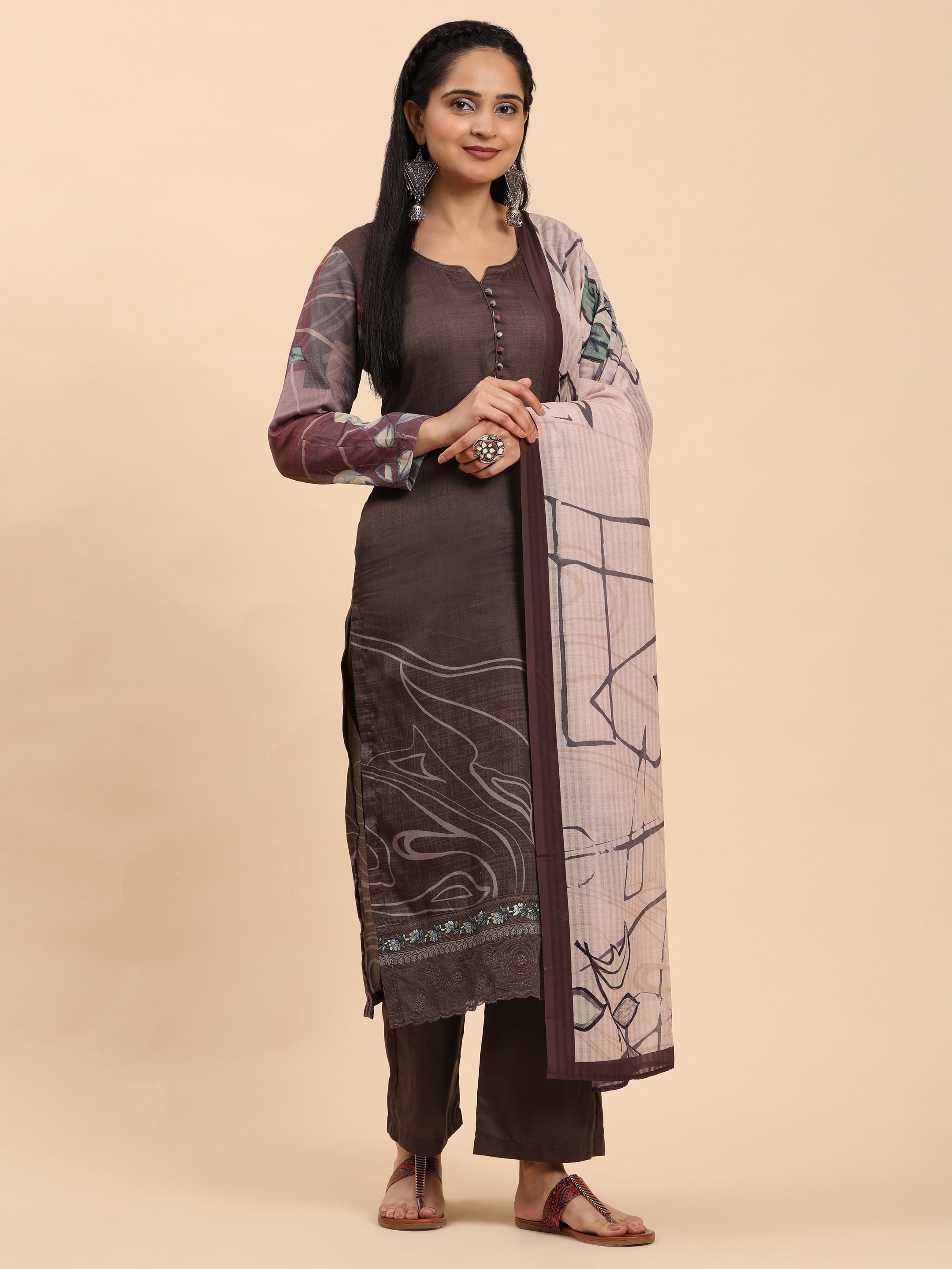 Brown Elegance Unstitched: Classic Kurta Set