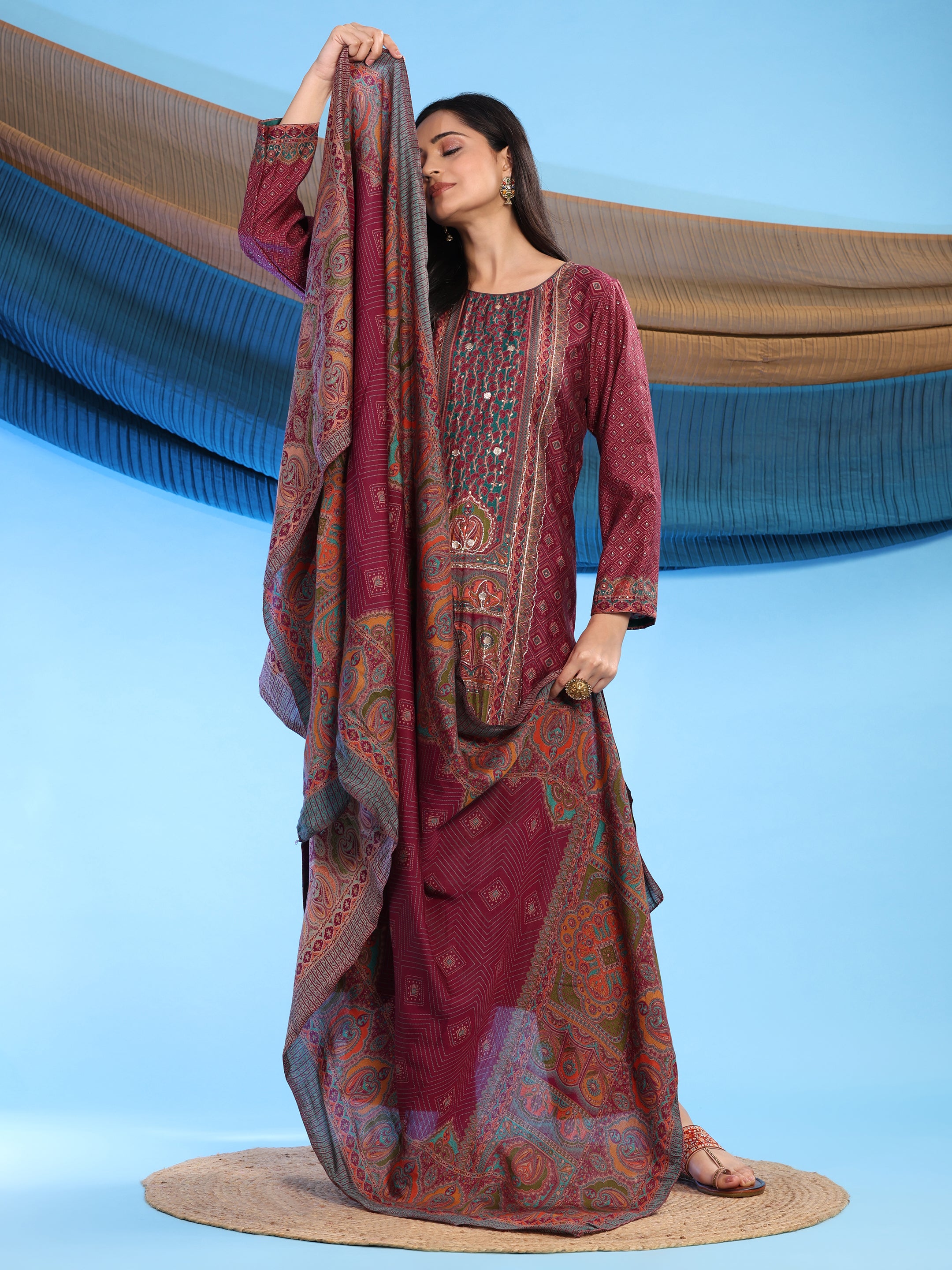 Maroon Elegance Unstitched: Classic Kurta Set