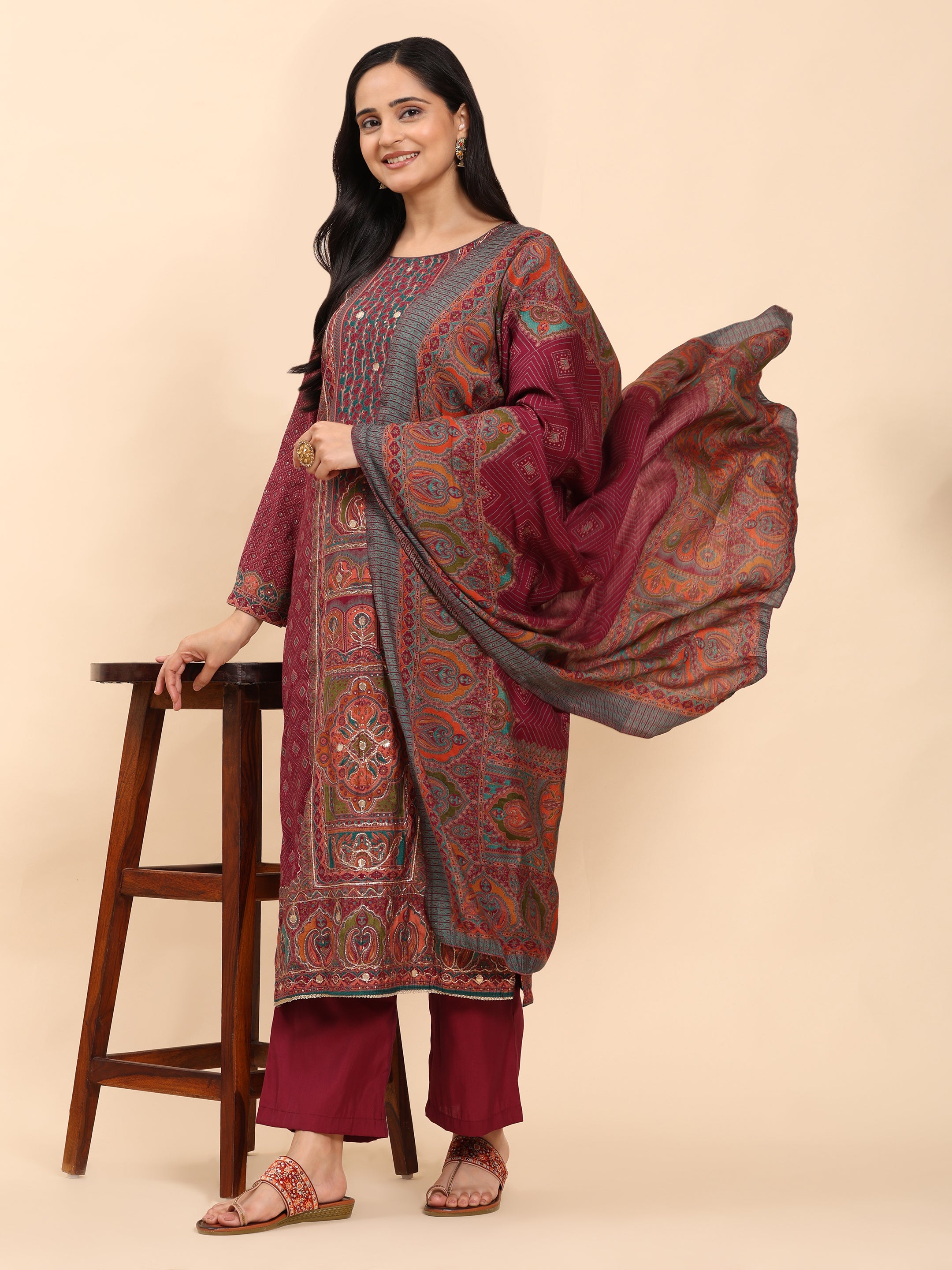 Maroon Elegance Unstitched: Classic Kurta Set