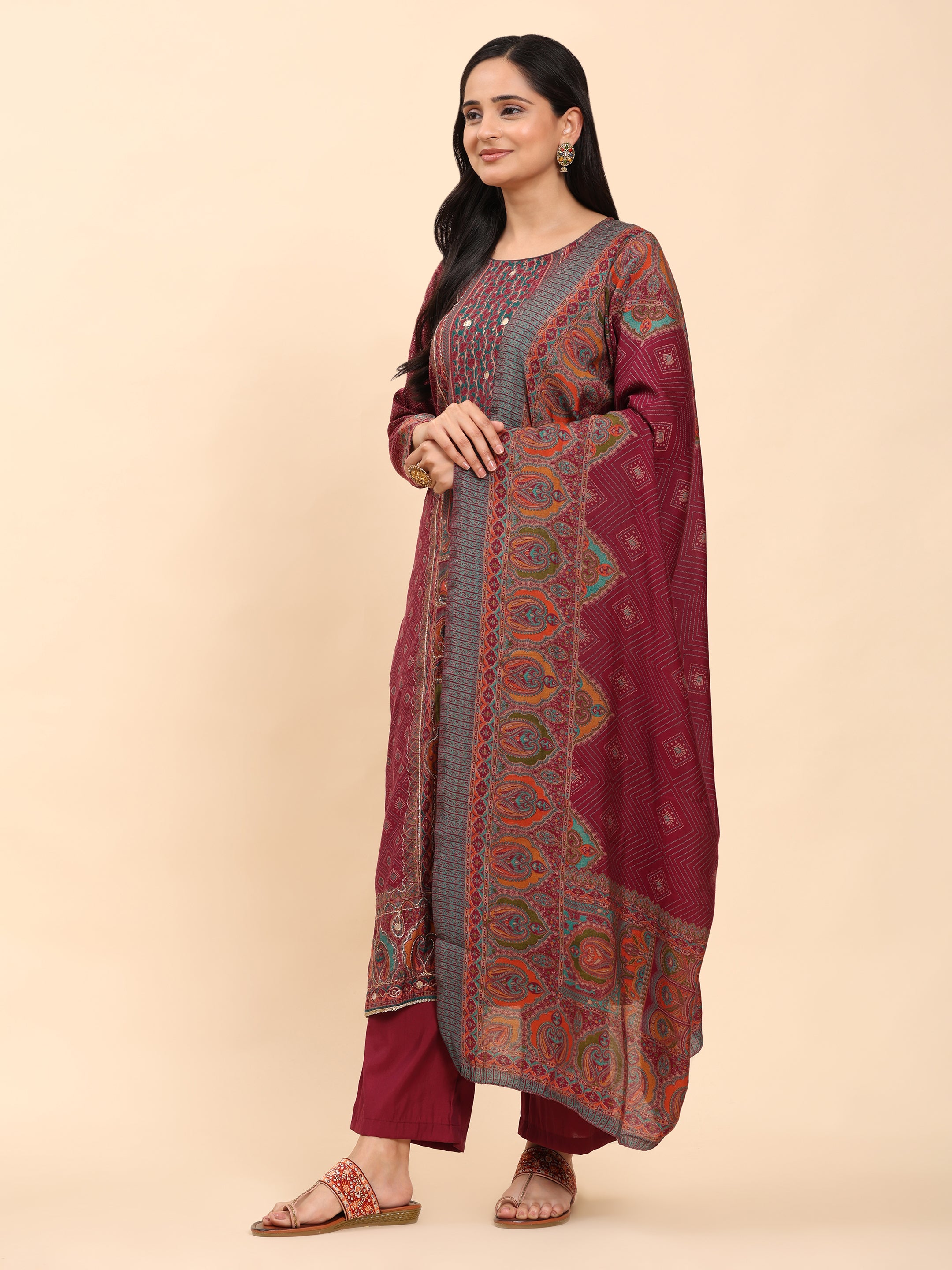 Maroon Elegance Unstitched: Classic Kurta Set