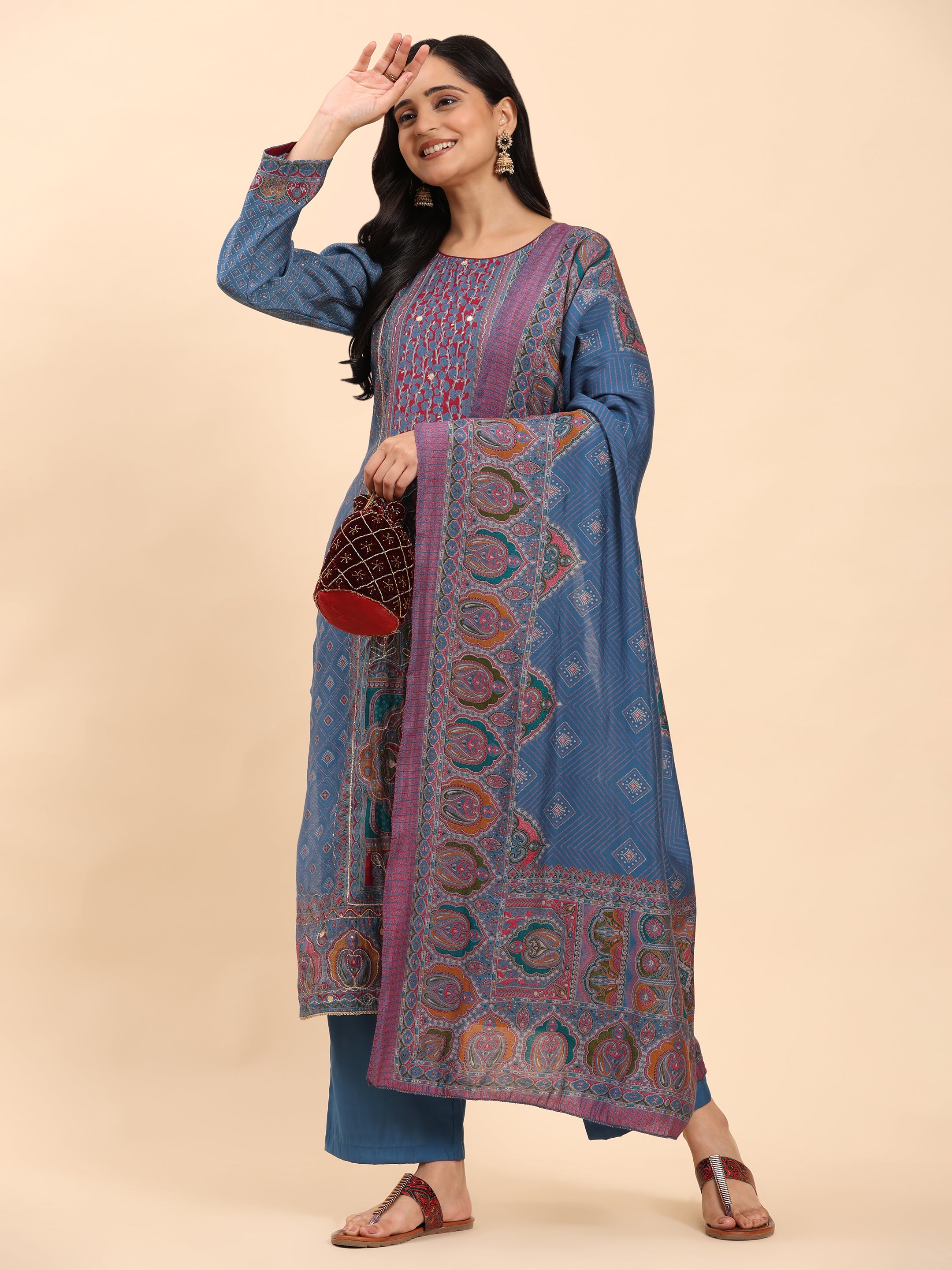 Blue Elegance Unstitched: Classic Kurta Set