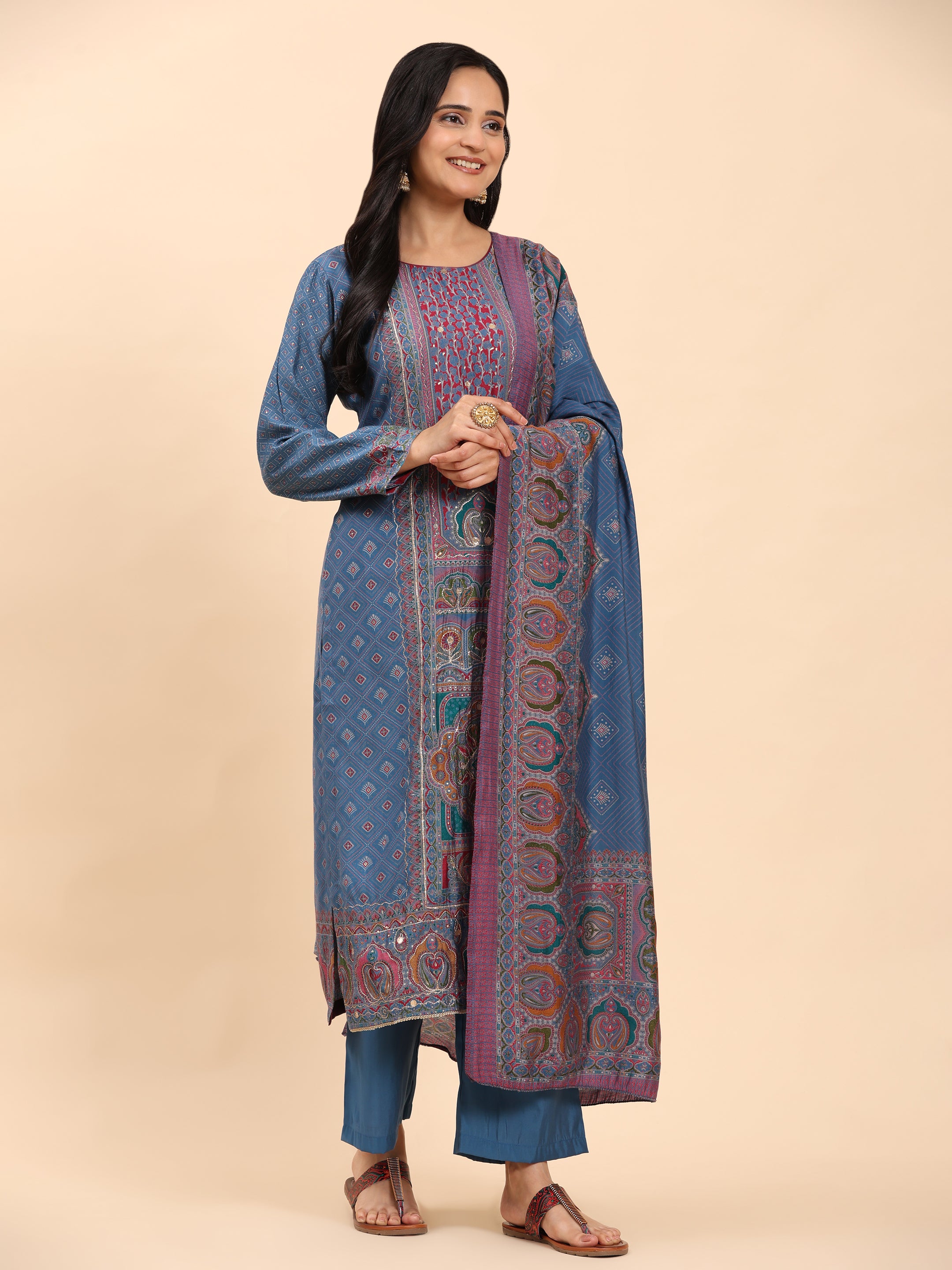 Blue Elegance Unstitched: Classic Kurta Set