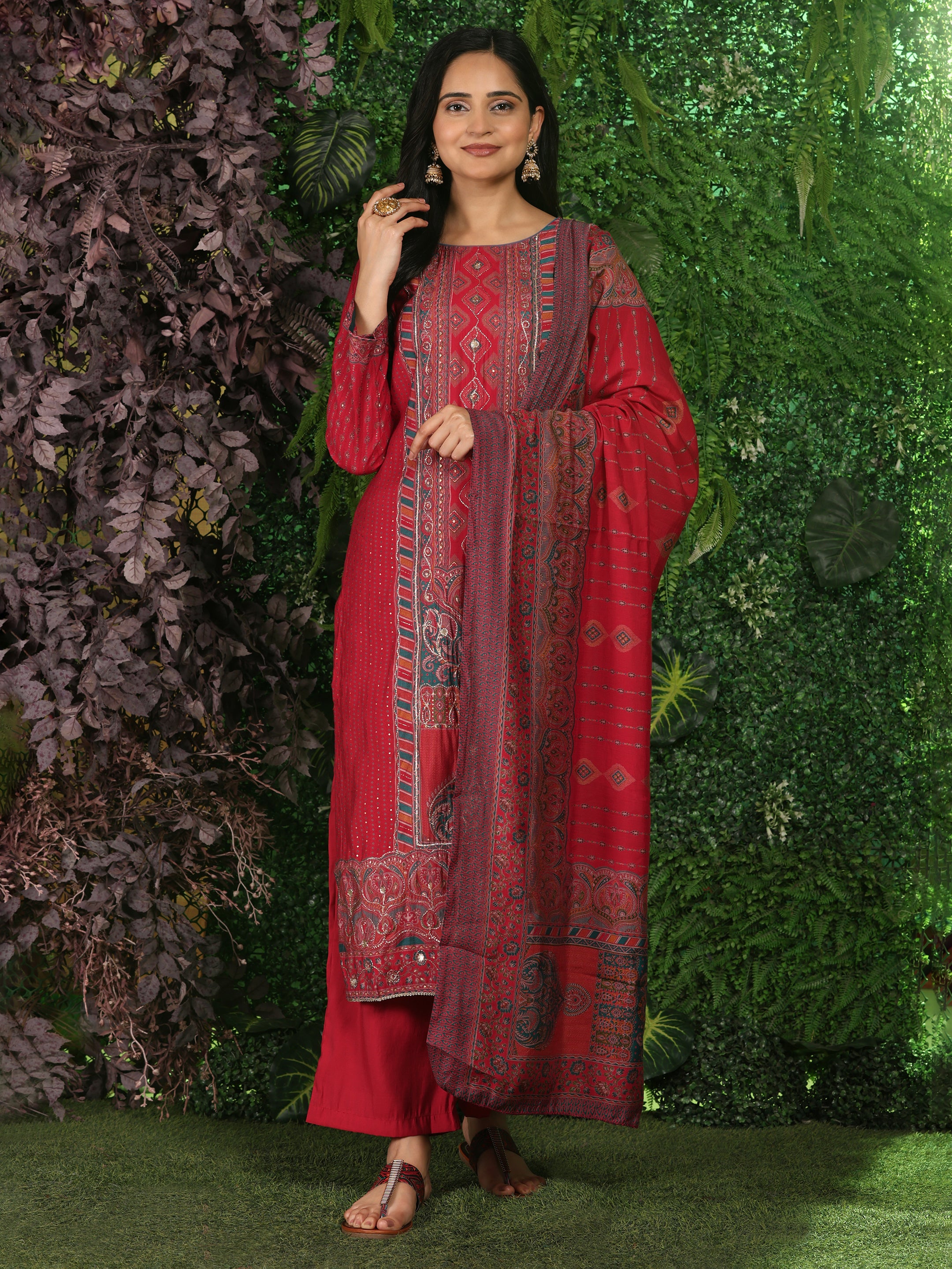 Red Elegance Unstitched: Classic Kurta Set