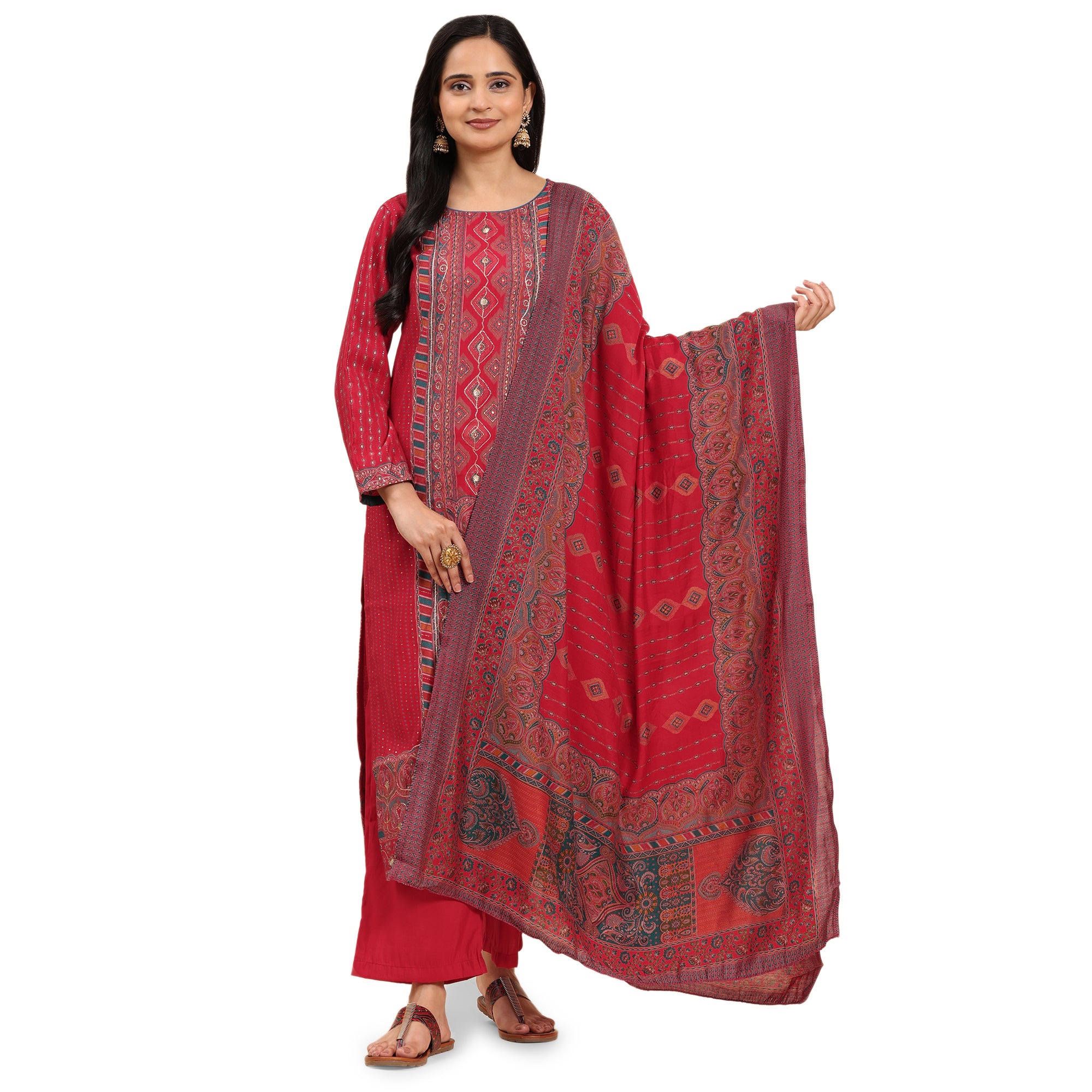 Red Elegance Unstitched: Classic Kurta Set