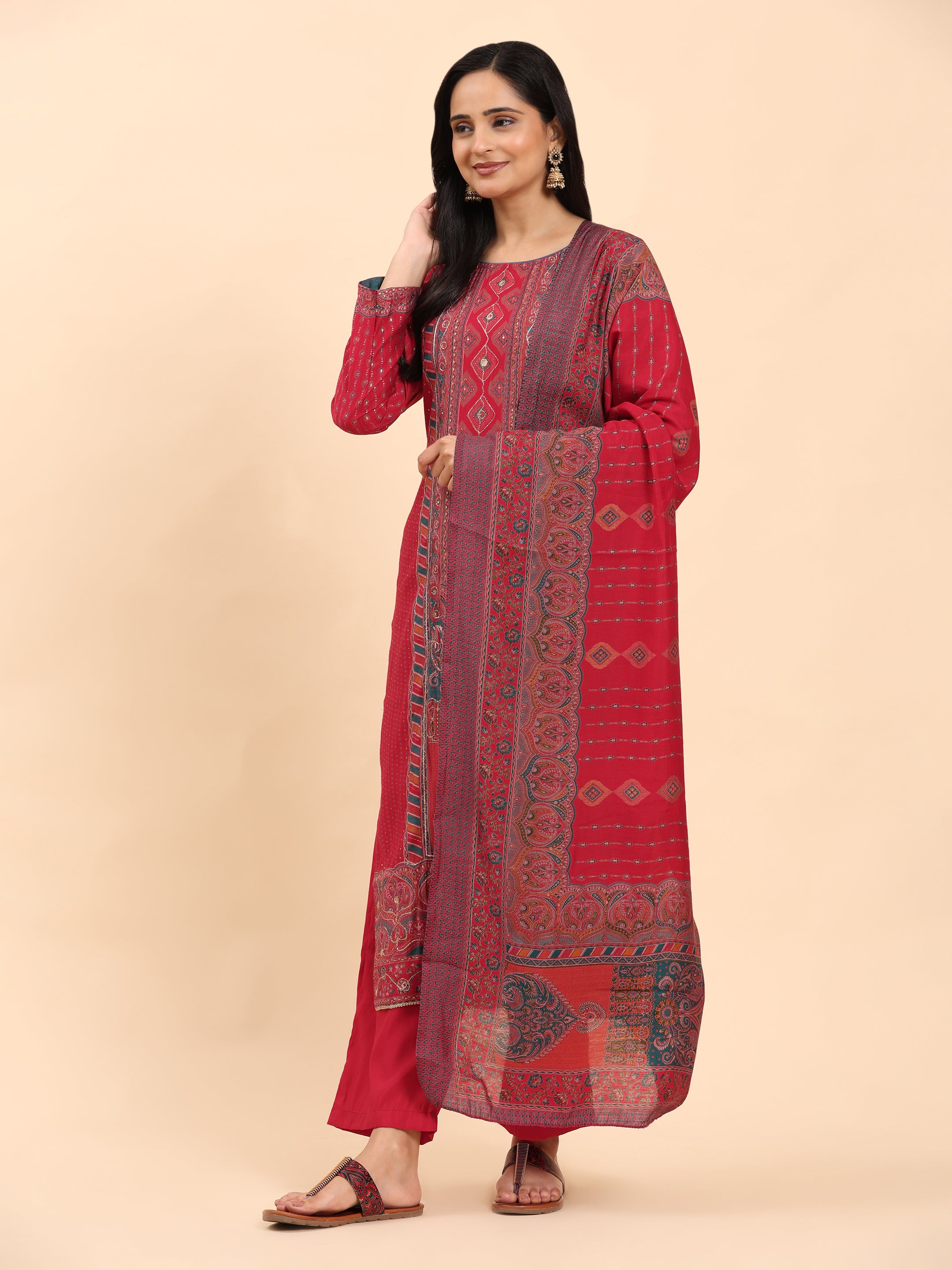 Red Elegance Unstitched: Classic Kurta Set