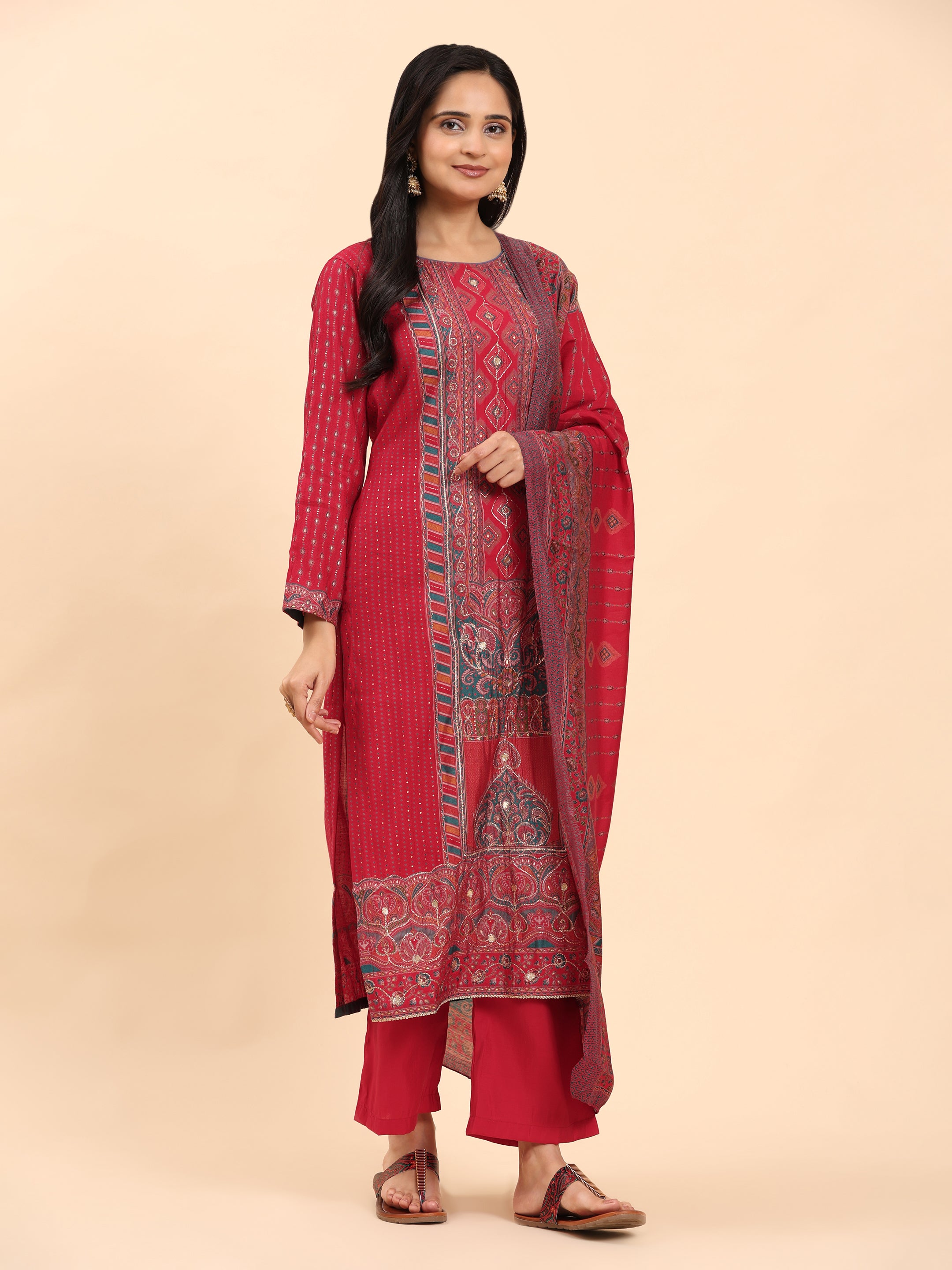 Red Elegance Unstitched: Classic Kurta Set