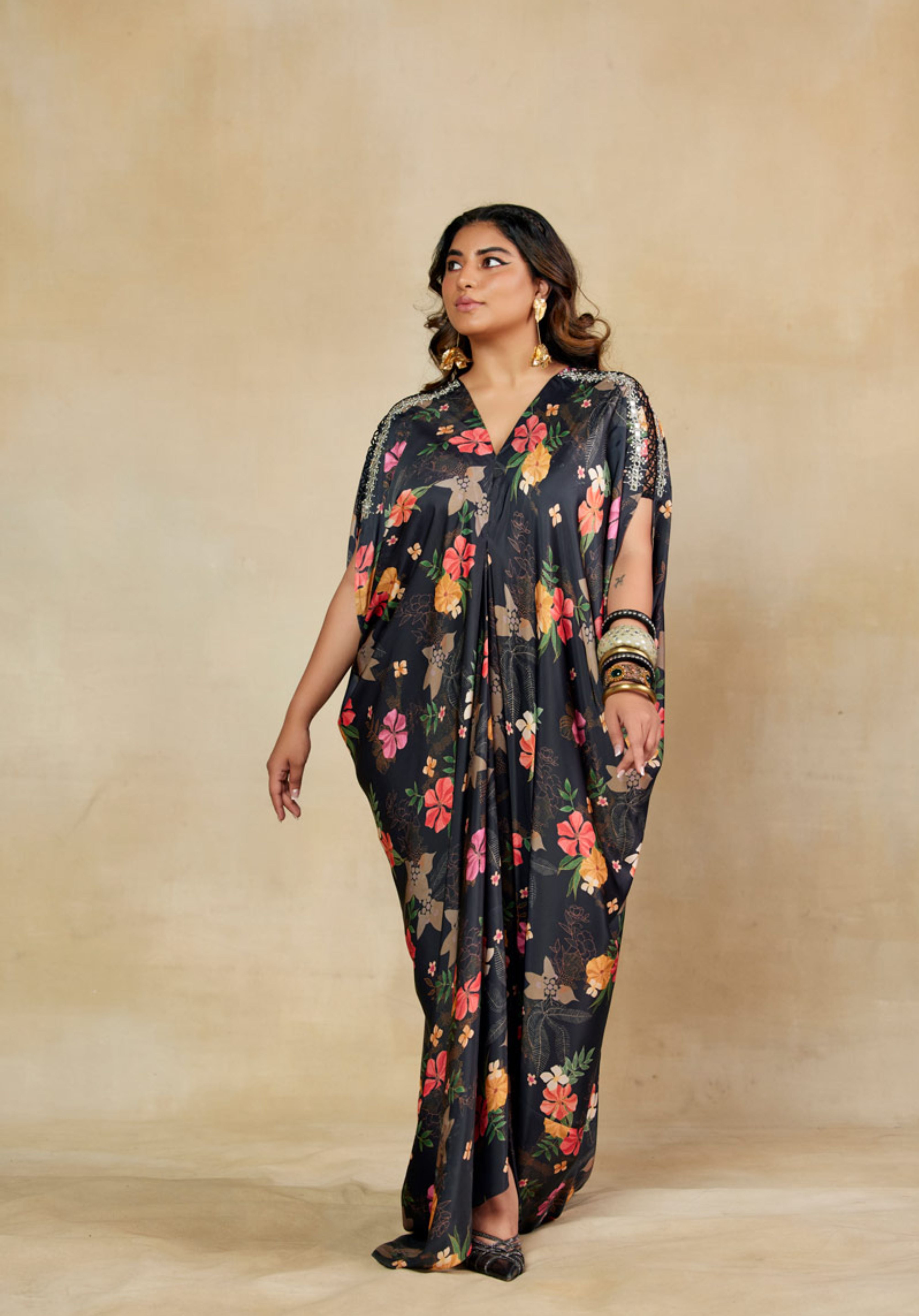 Regal Black Printed Kaftan Dress with Embroidery