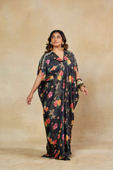 Regal Black Printed Kaftan Dress with Embroidery