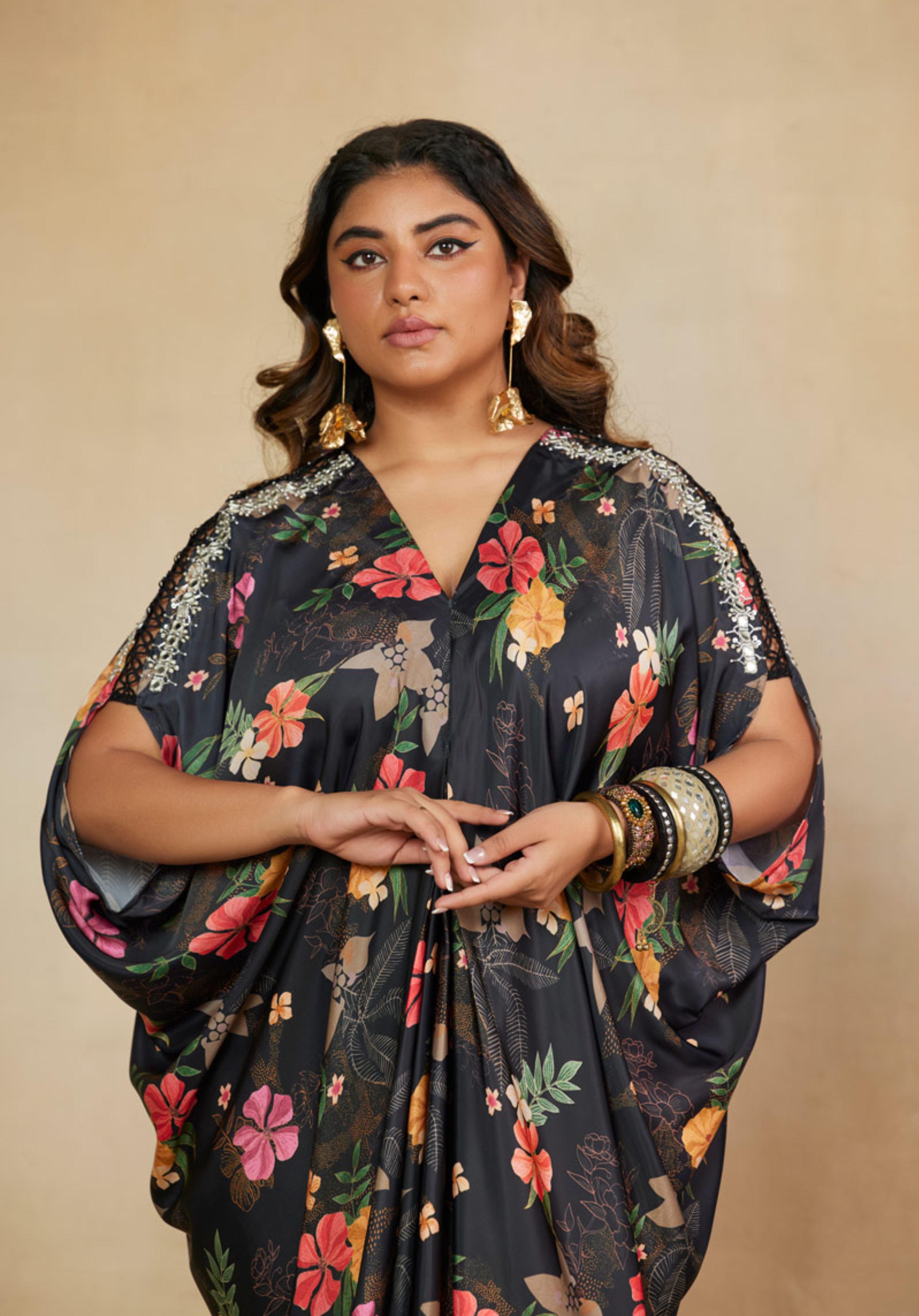 Regal Black Printed Kaftan Dress with Embroidery