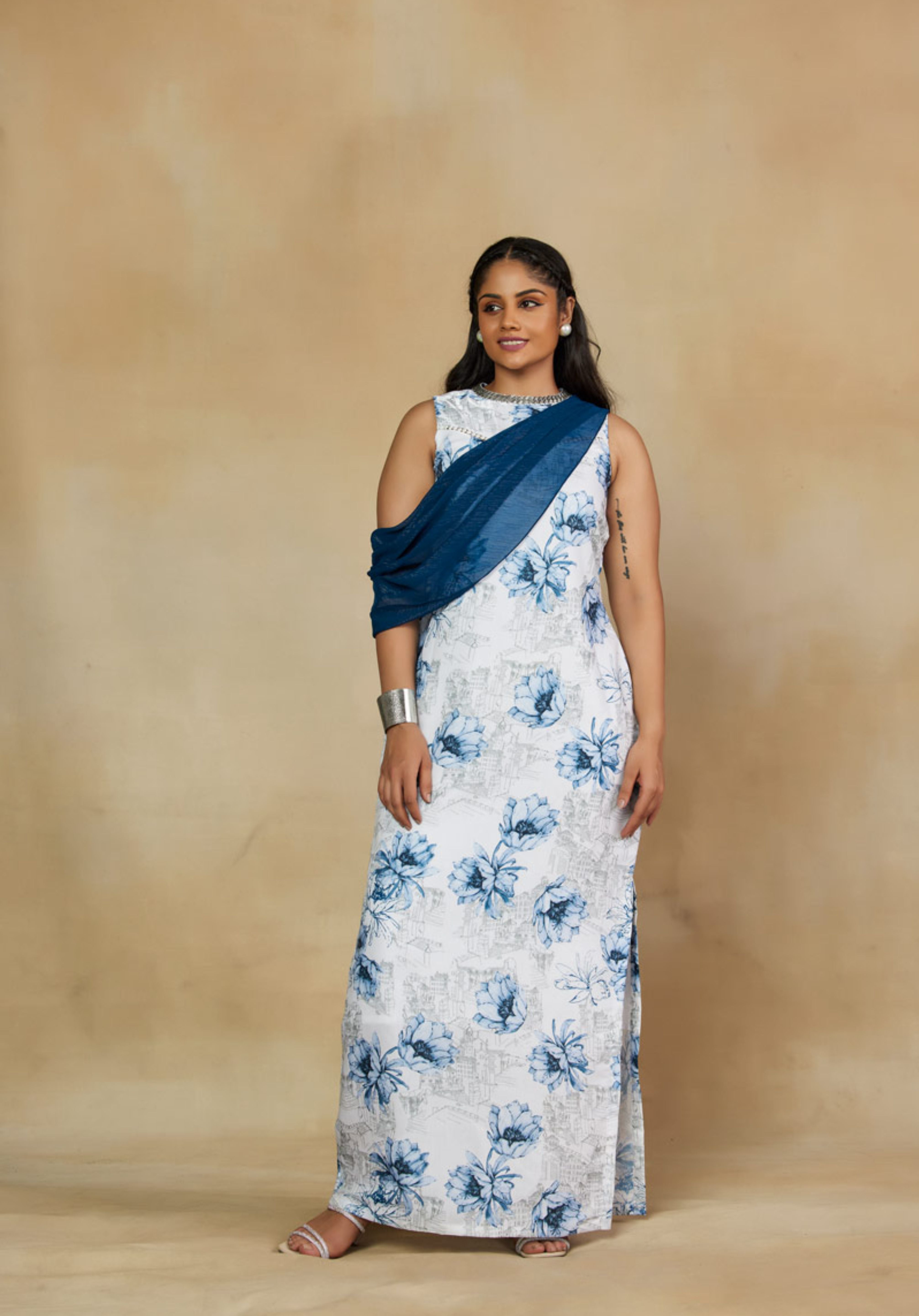 Tempting White and Blue Floral Print Statement Gown